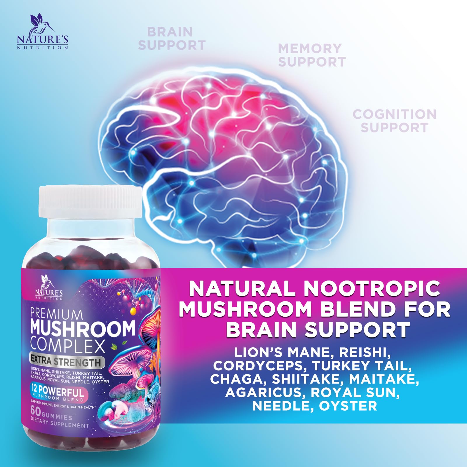 Nature's Nutrition Mushroom Gummies displayed with fresh fruit