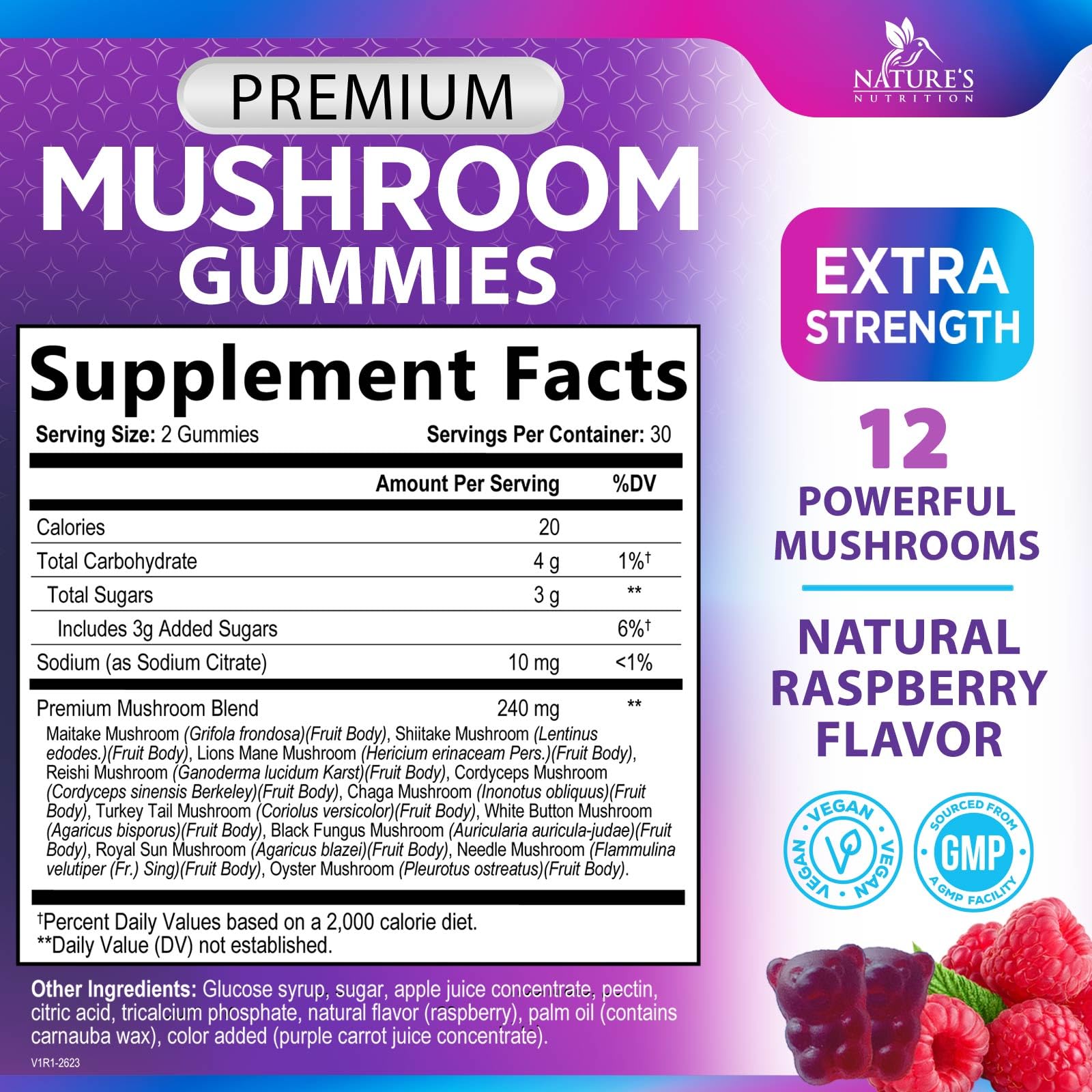 Nature's Nutrition Mushroom Gummies packaging with ingredients