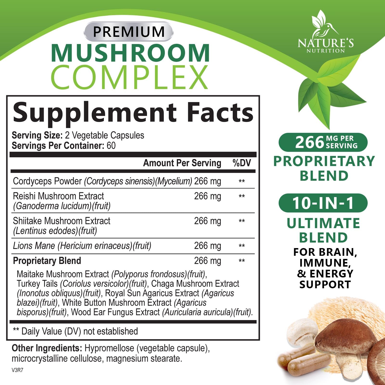 Nature's Nutrition Mushroom Supplement 10 in 1 Capsules side view