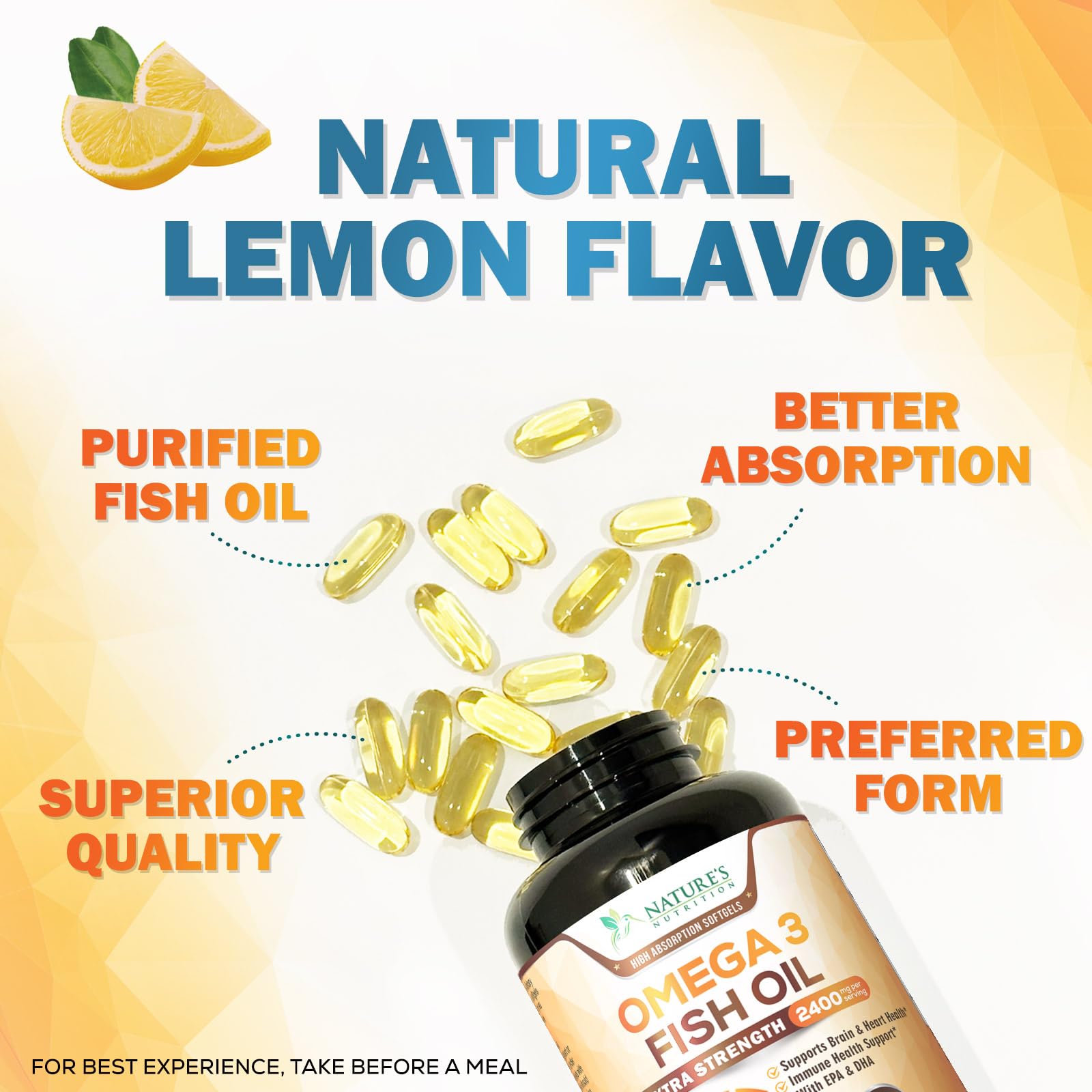 Nature's Nutrition Omega-3 Fish Oil 2400mg softgel close-up