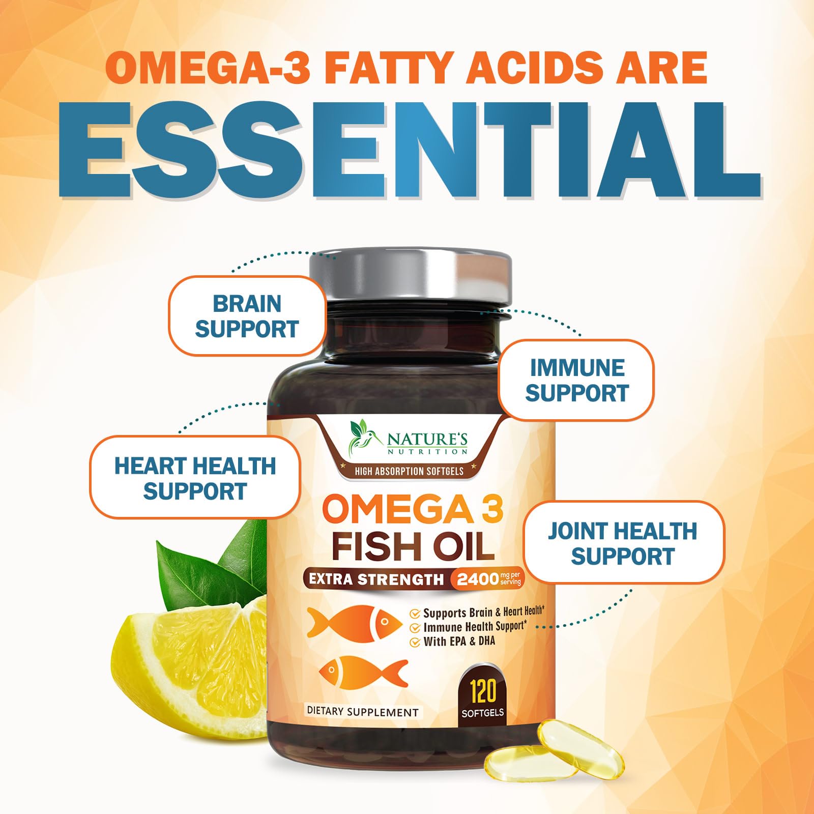 Nature's Nutrition Omega-3 Fish Oil 2400mg softgel on a wooden table