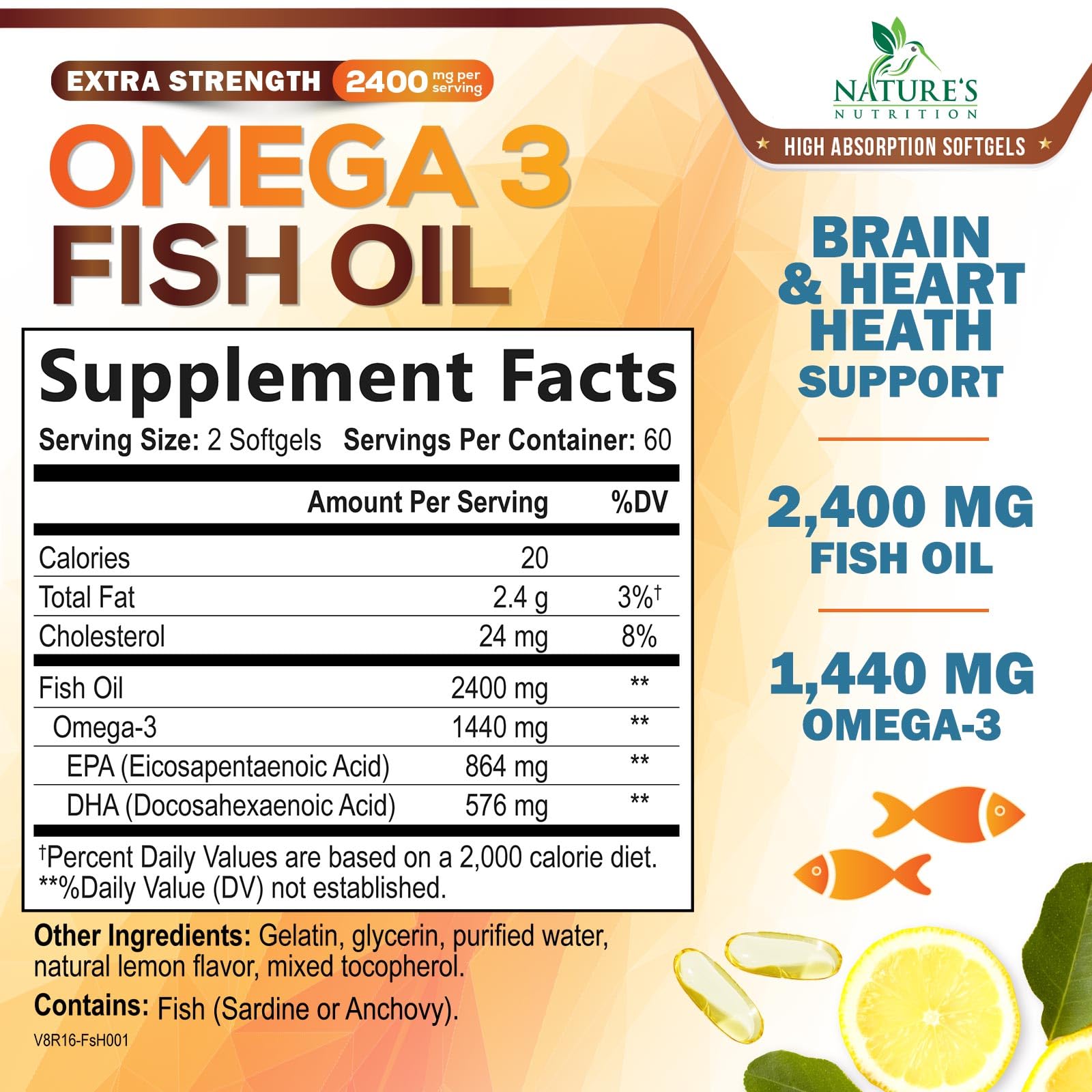 Nature's Nutrition Omega-3 Fish Oil 2400mg softgel side view