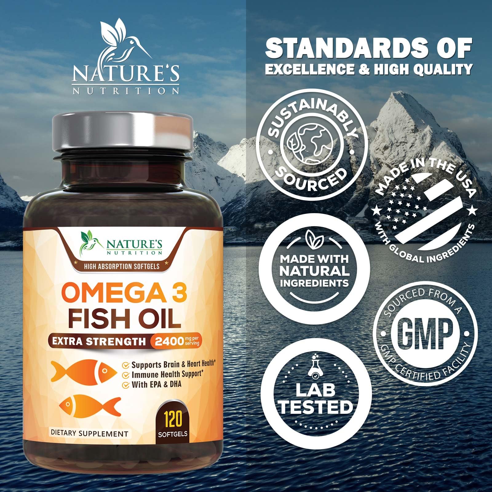 Nature's Nutrition Omega-3 Fish Oil 2400mg softgel with natural lemon flavour