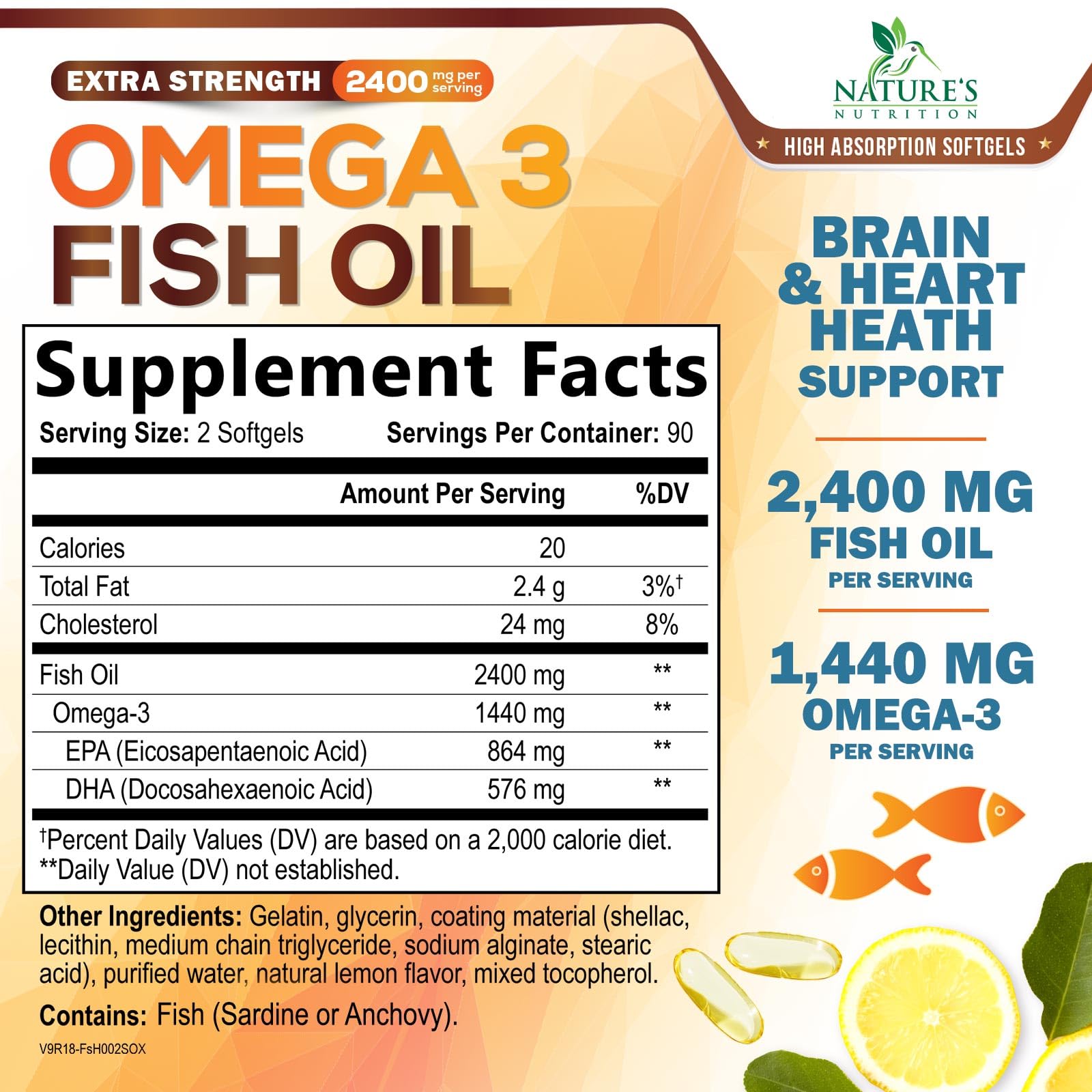 Nature's Nutrition Omega-3 Fish Oil 2400mg softgels bottle side view