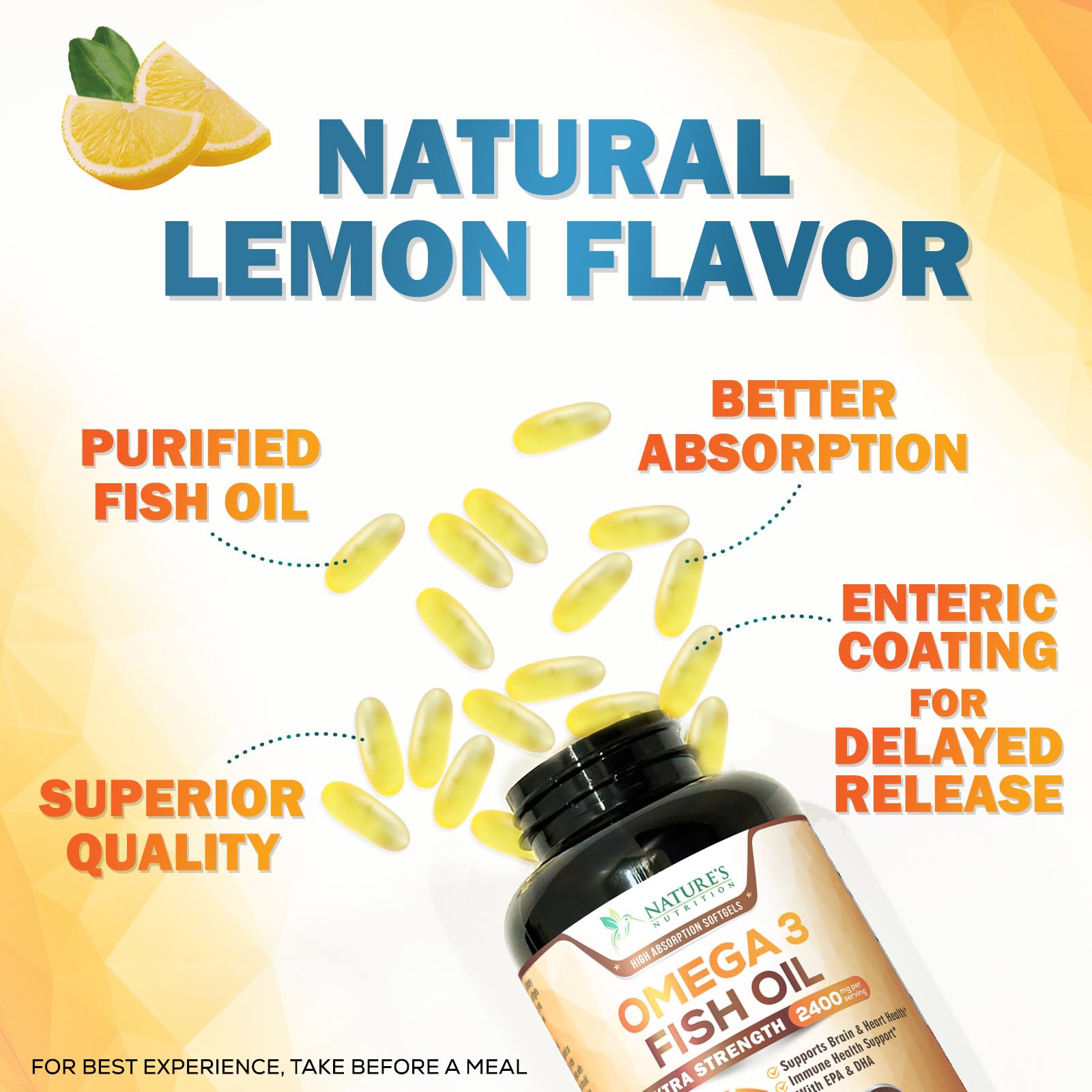 Nature's Nutrition Omega-3 Fish Oil 2400mg softgels in hand