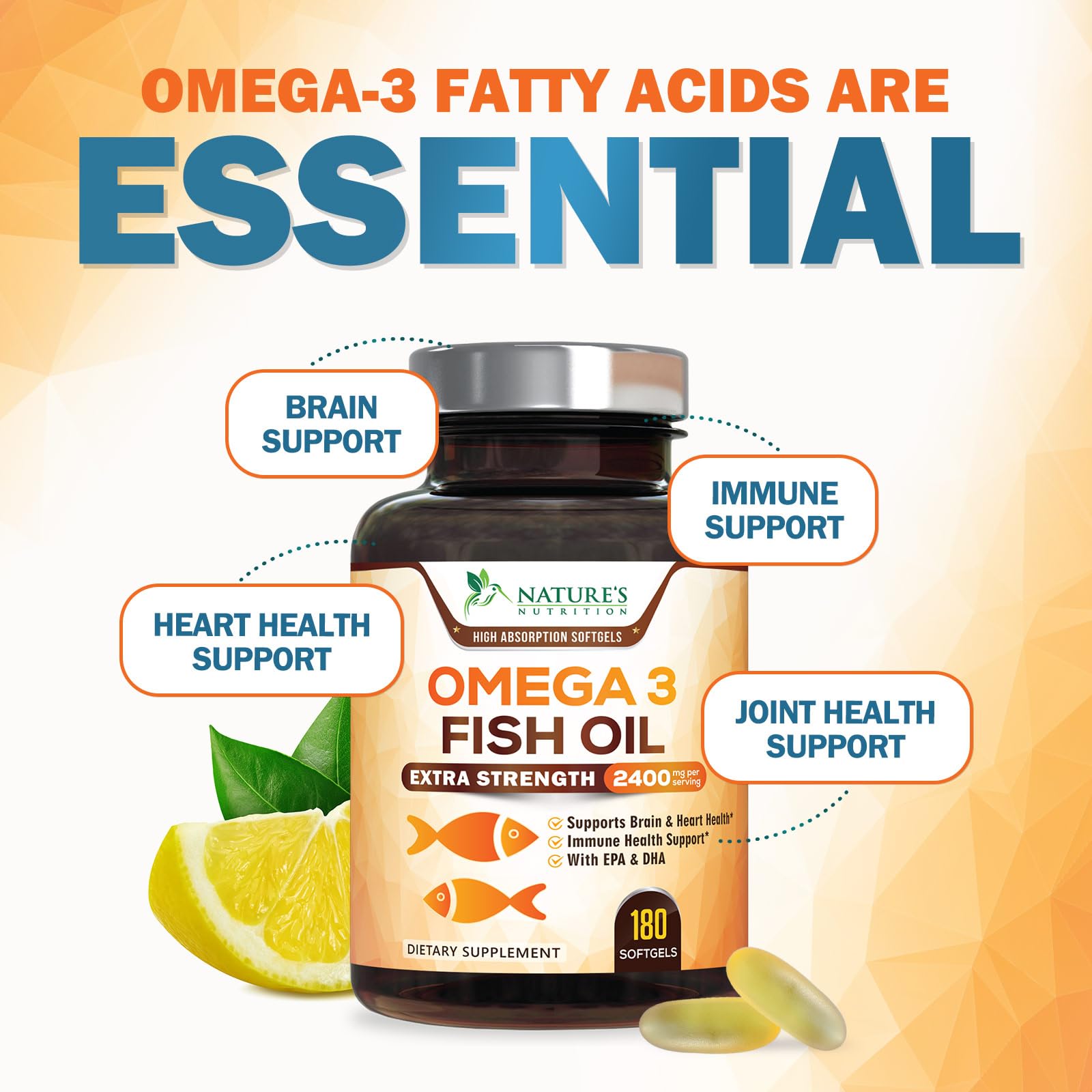 Nature's Nutrition Omega-3 Fish Oil 2400mg softgels on a wooden table