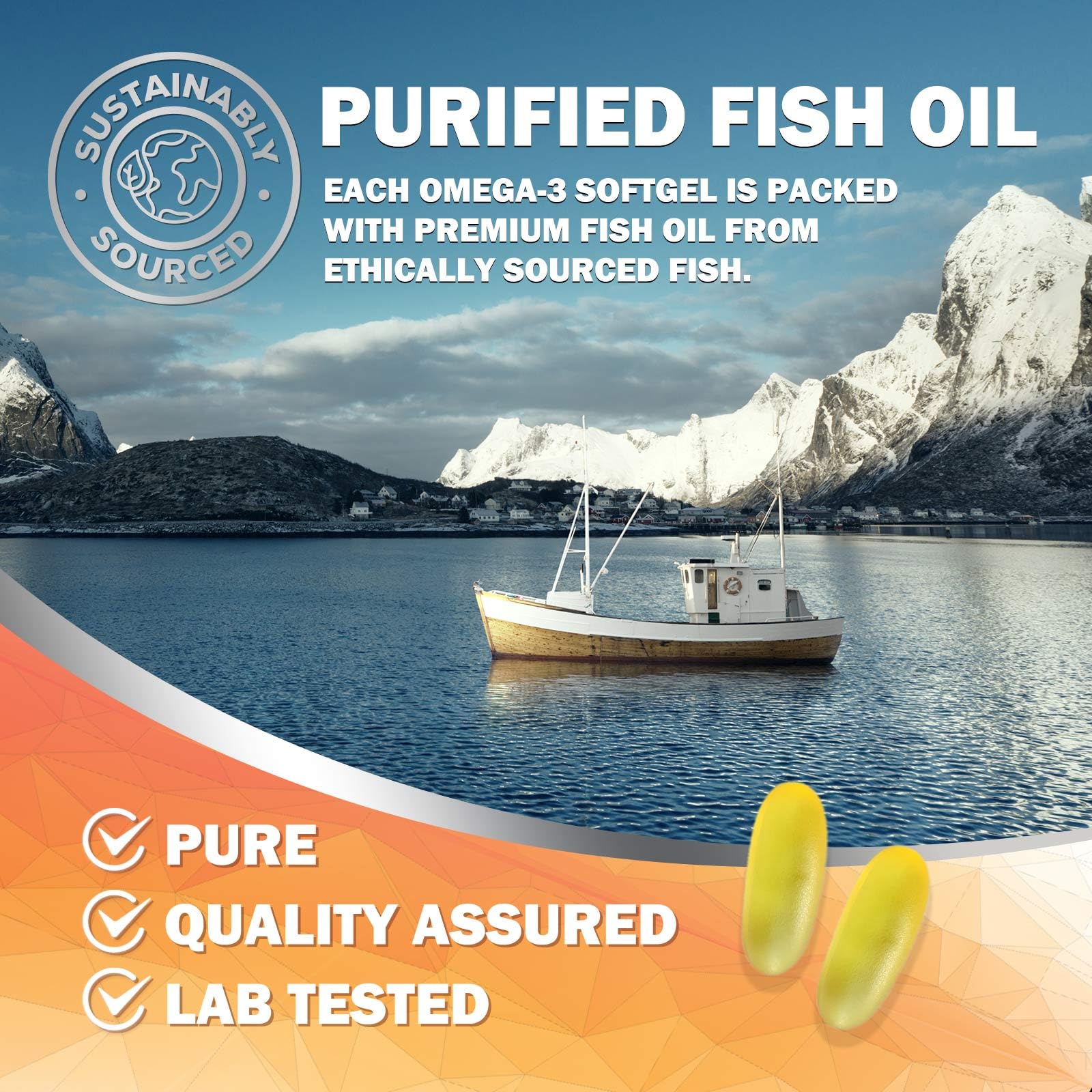 Nature's Nutrition Omega-3 Fish Oil 2400mg softgels with other supplements