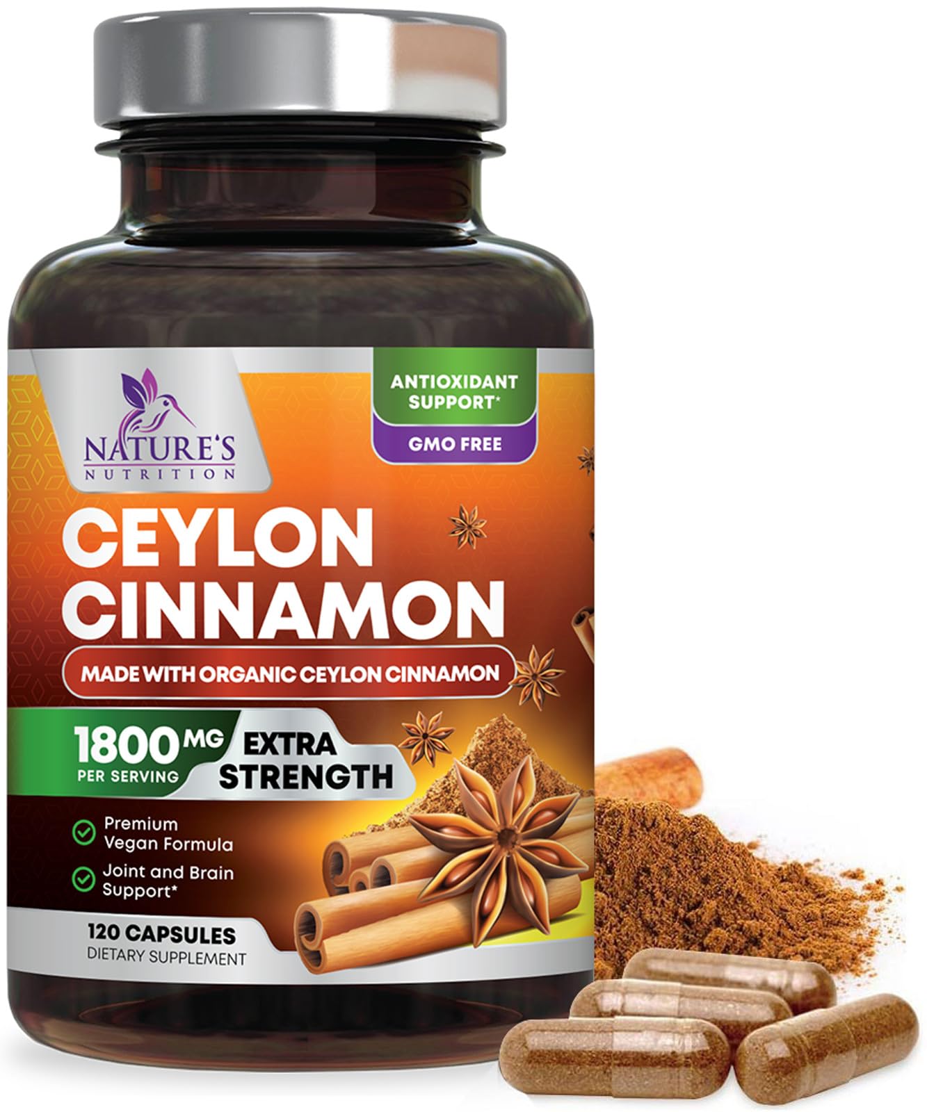 Nature's Nutrition Organic Ceylon Cinnamon Capsules front view