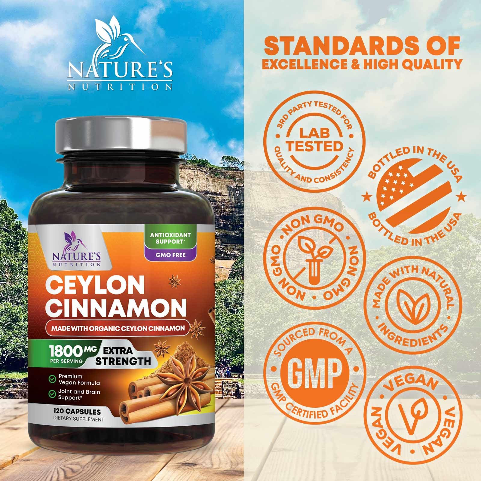 Nature's Nutrition Organic Ceylon Cinnamon Capsules on a wooden table