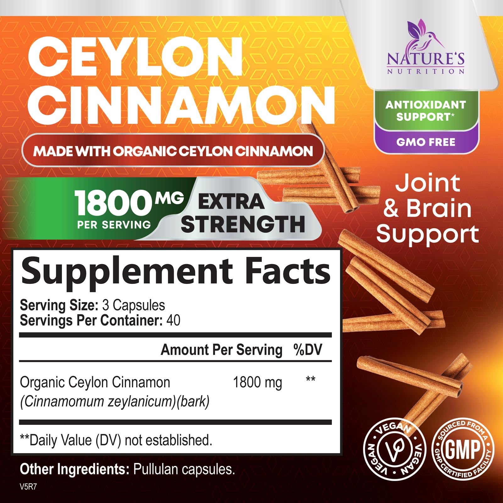 Nature's Nutrition Organic Ceylon Cinnamon Capsules side view