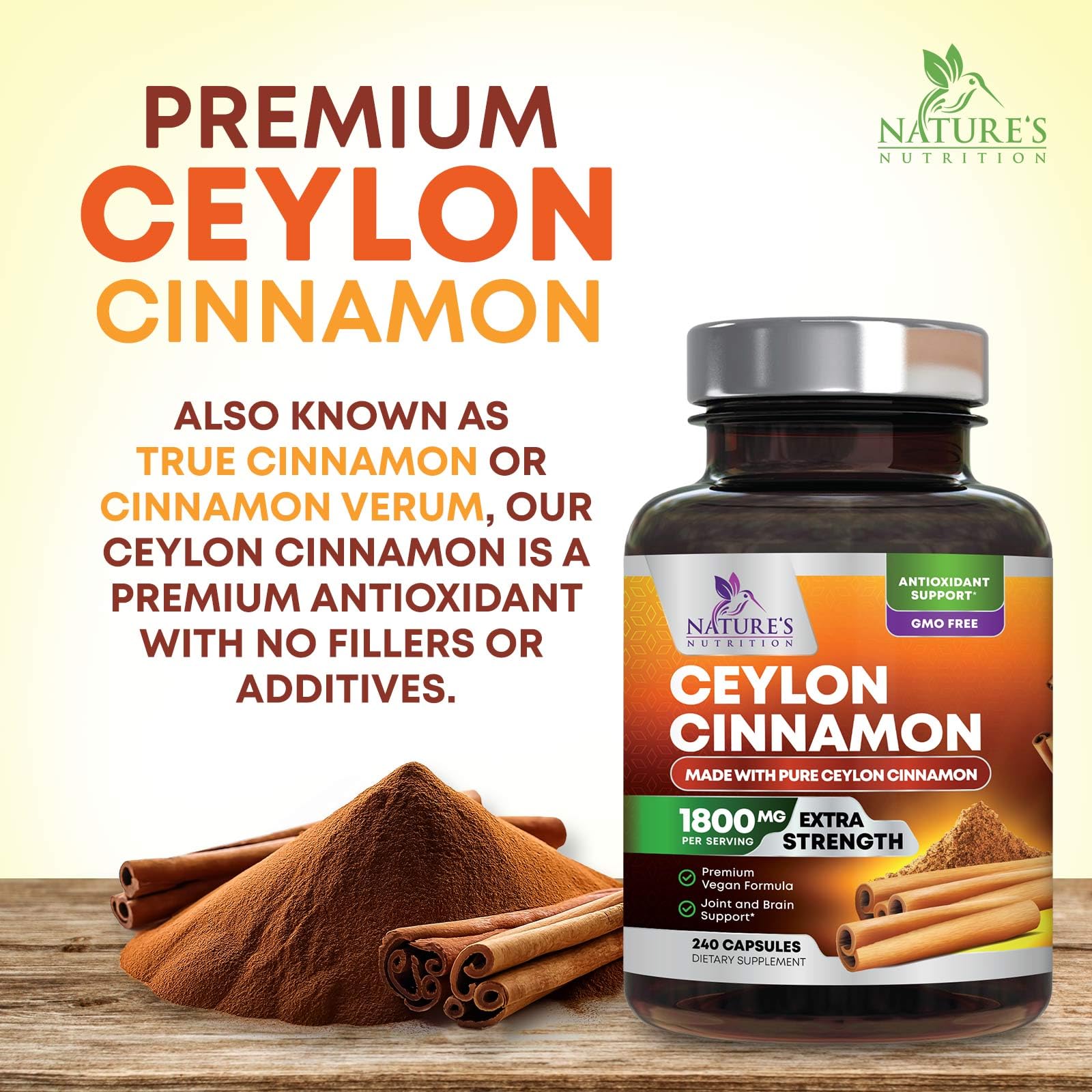 Nature's Nutrition Organic Ceylon Cinnamon Capsules with cinnamon sticks