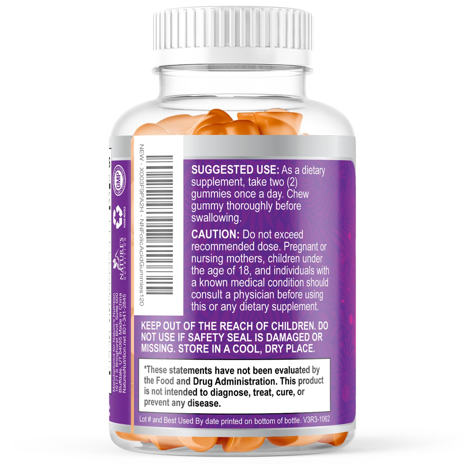Nature's Nutrition Prenatal Gummies 363g displayed with fresh peaches
