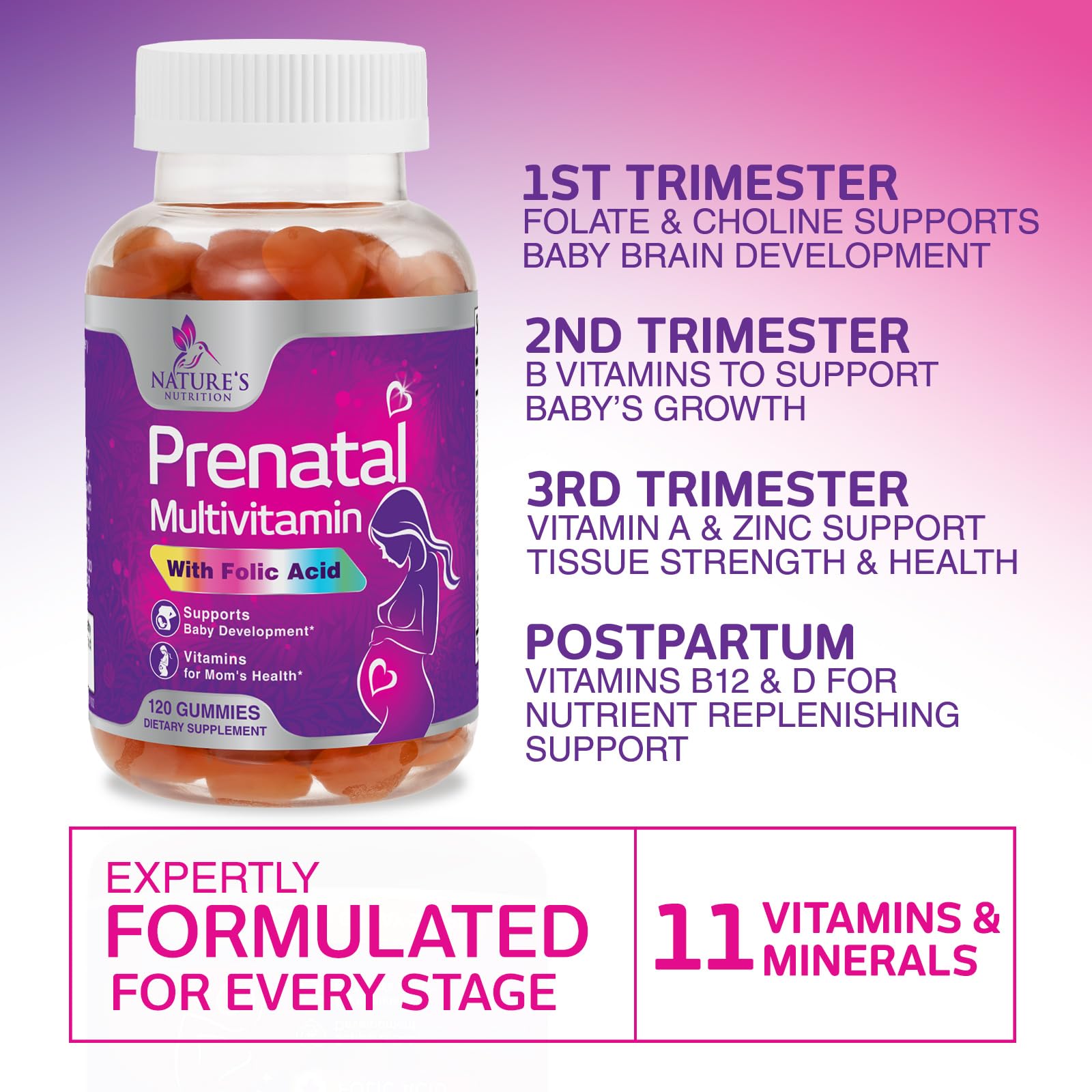 Nature's Nutrition Prenatal Gummies 363g on a wooden table