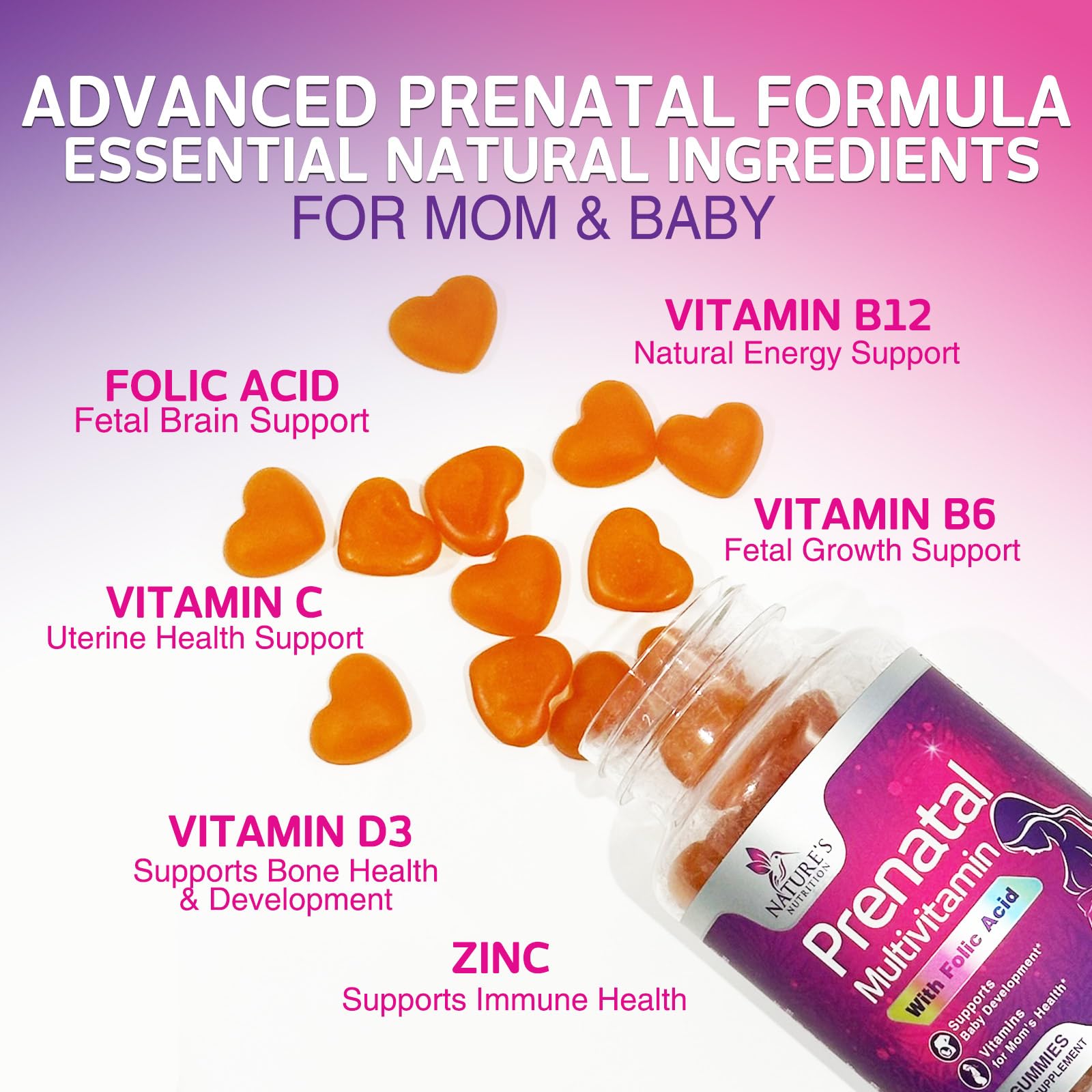 Nature's Nutrition Prenatal Gummies 363g showing ingredients list