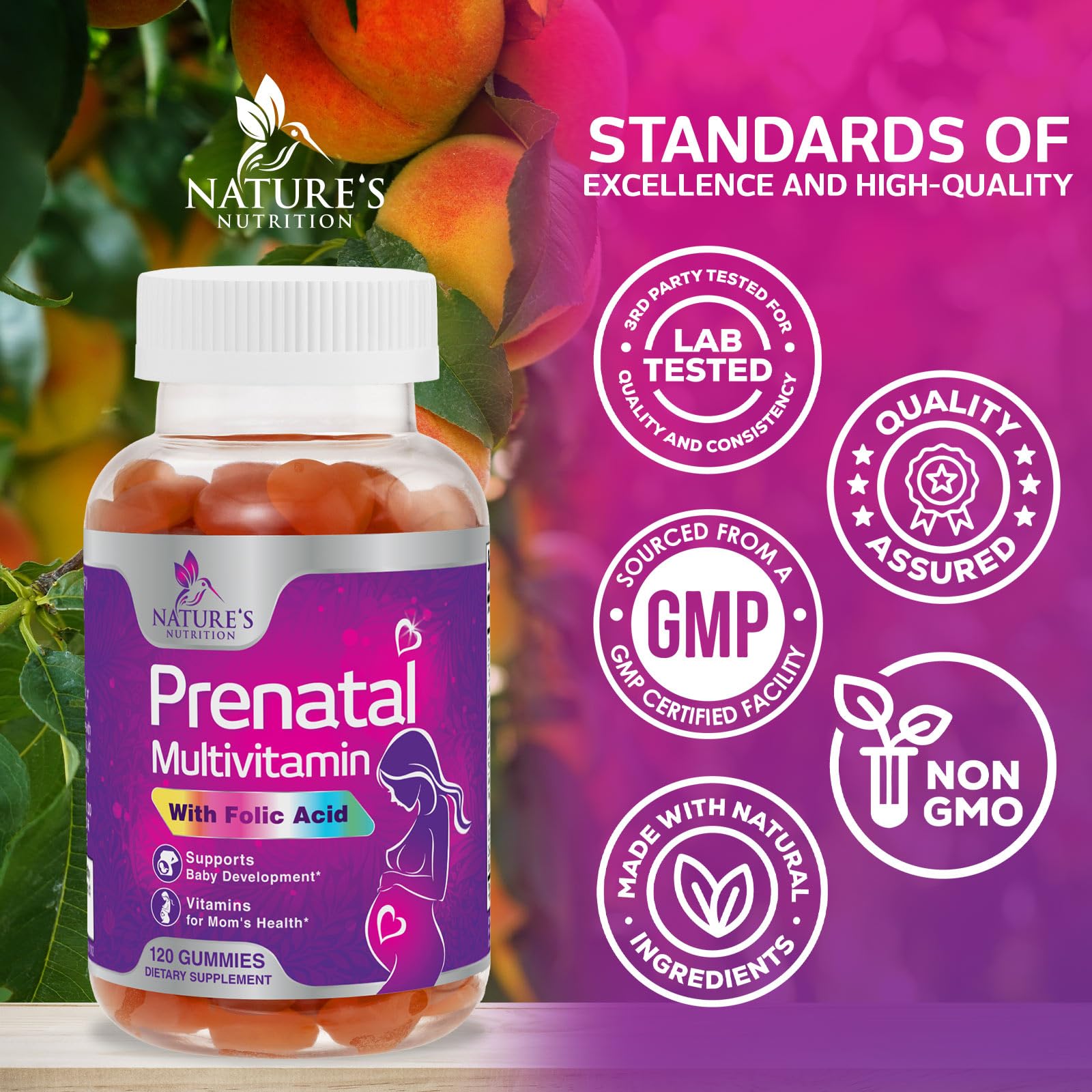 Nature's Nutrition Prenatal Gummies 363g side view of packaging