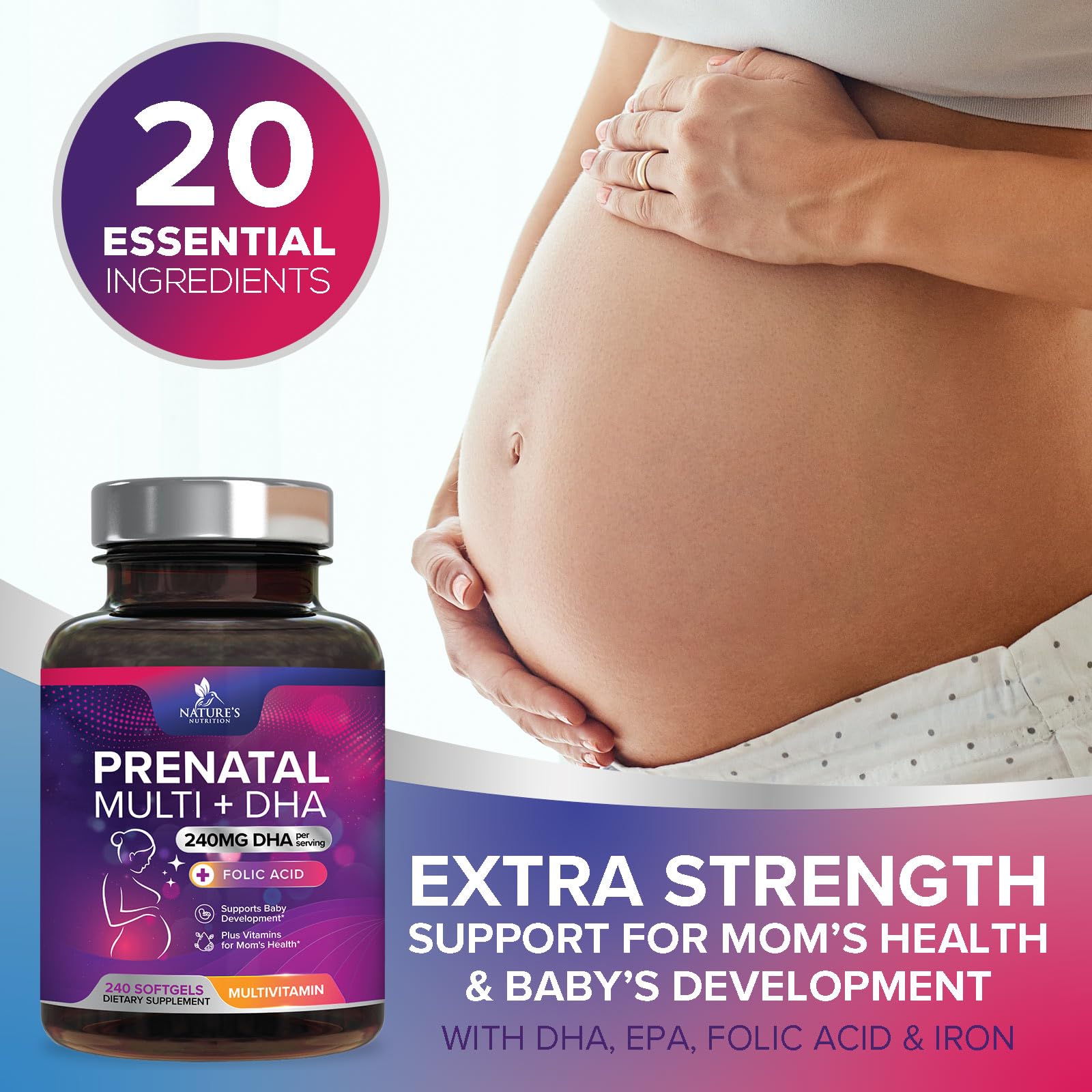 Nature's Nutrition Prenatal Vitamins 422g lifestyle scene with pregnant woman