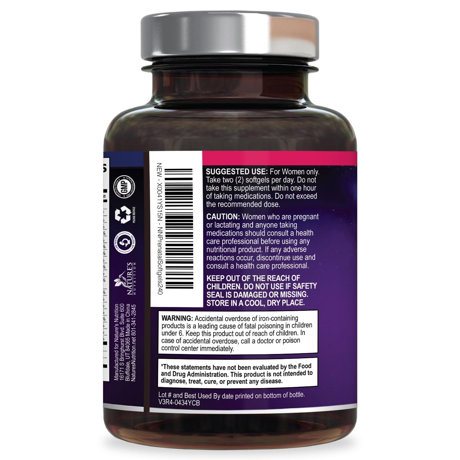 Nature's Nutrition Prenatal Vitamins 422g with a glass of water
