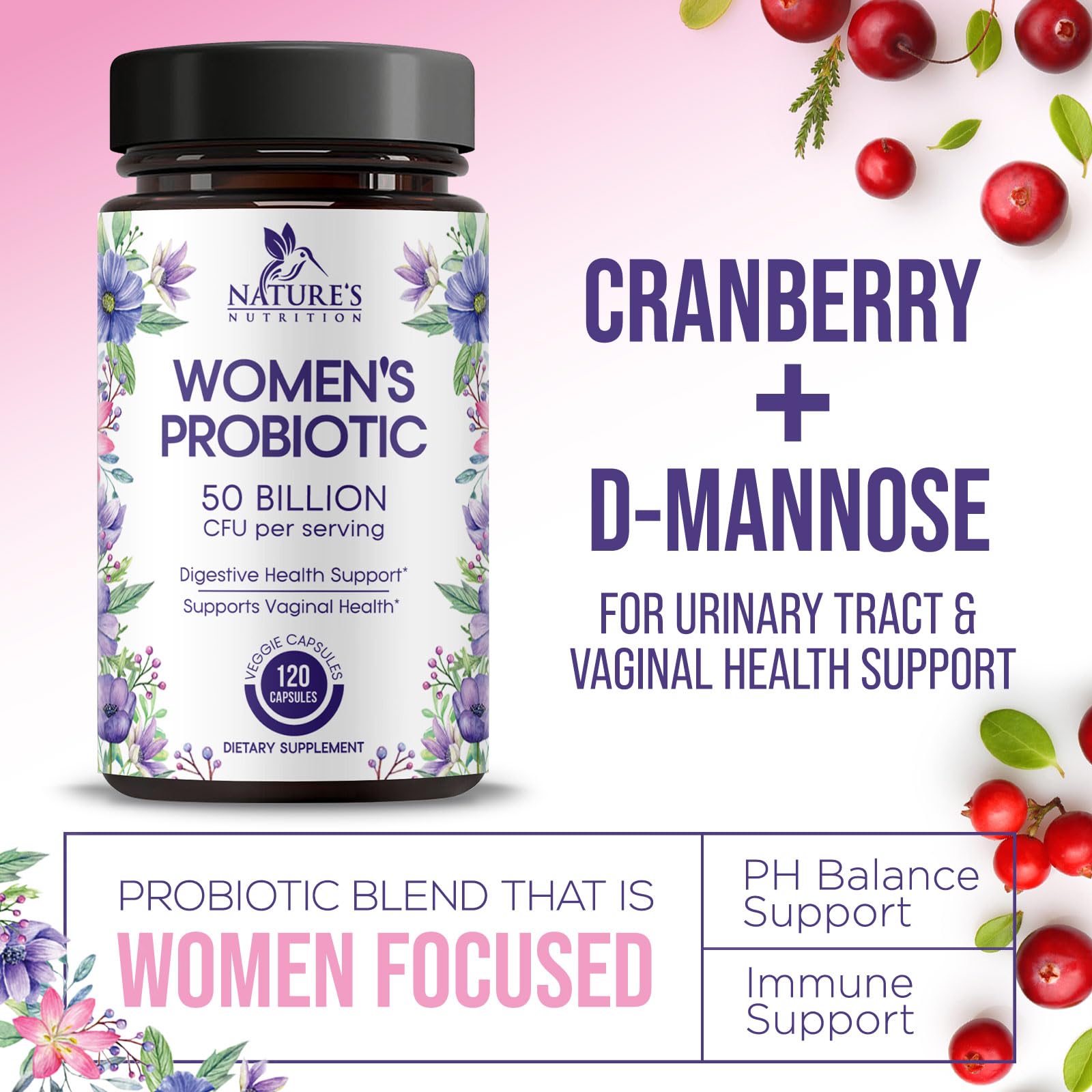 Nature's Nutrition Probiotic Capsules with cranberry and D Mannose ingredients