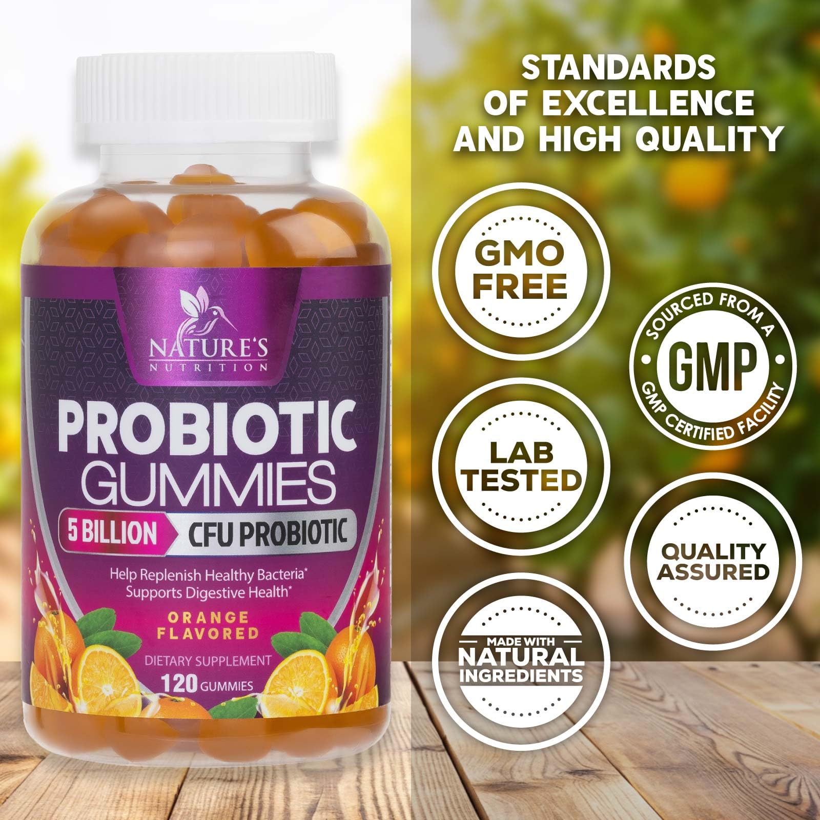 Nature's Nutrition Probiotic Gummies on a wooden table