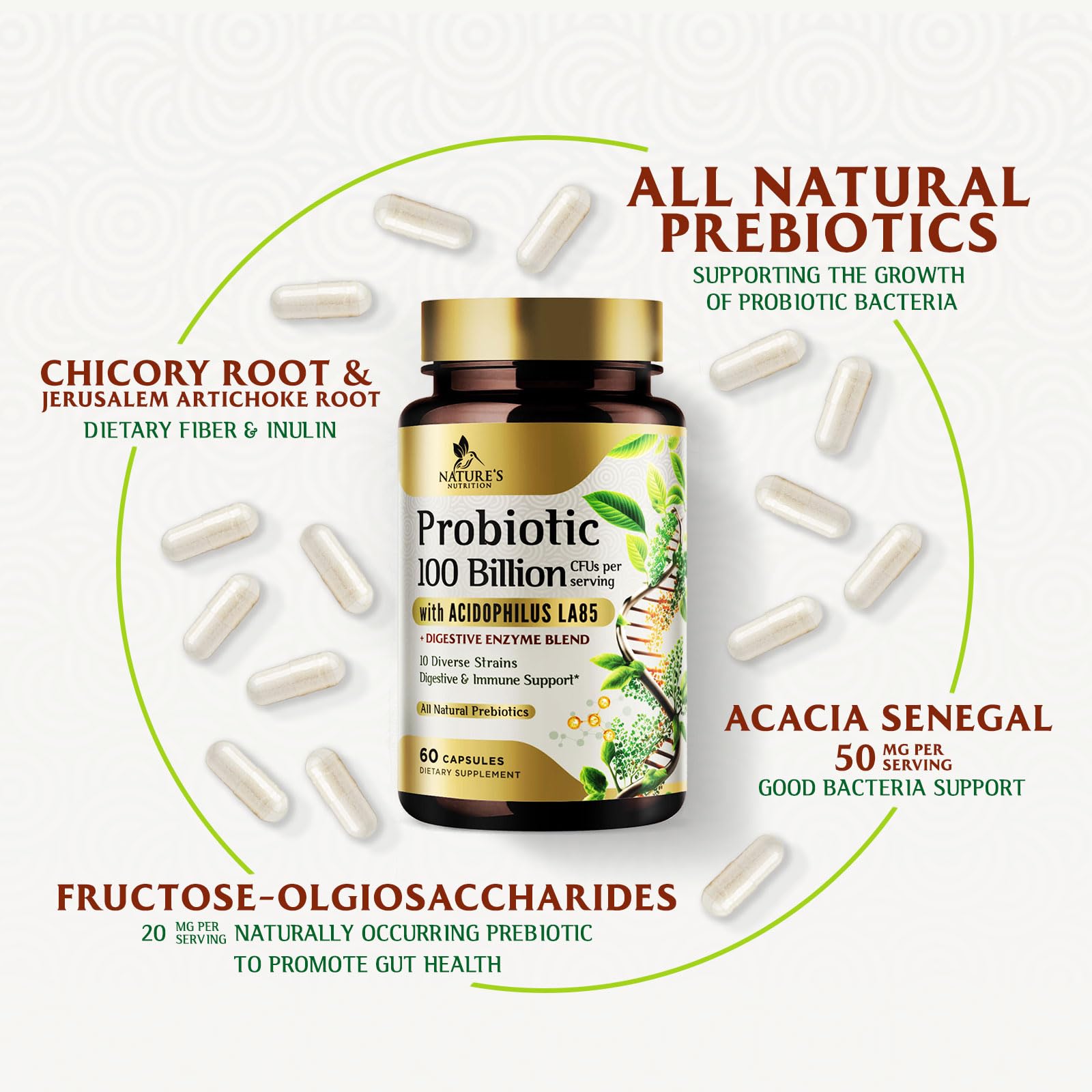 Nature's Nutrition Probiotic Prebiotic Supplement on a wooden table