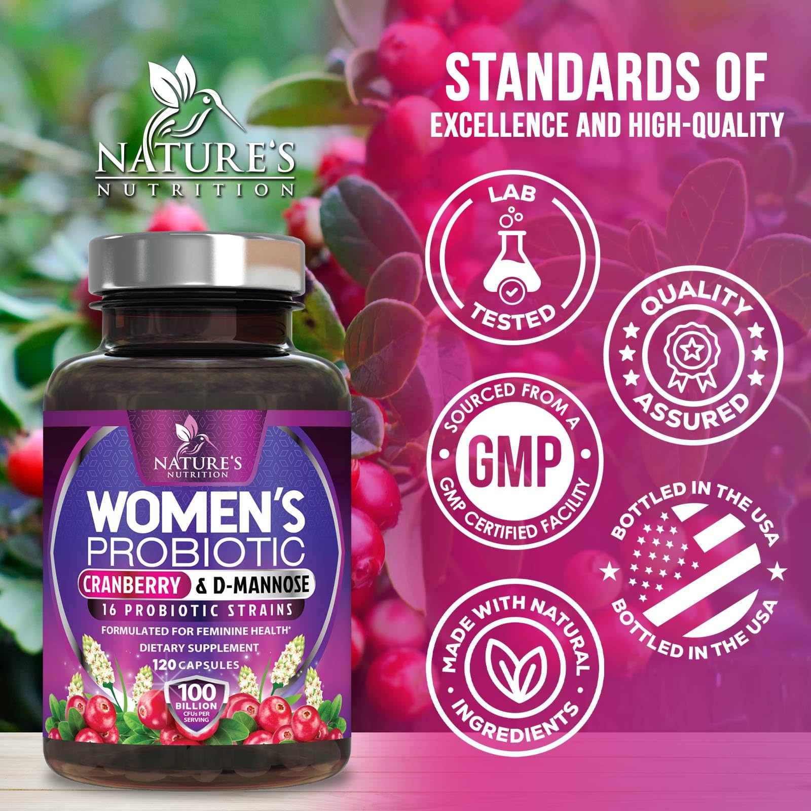 Nature's Nutrition Probiotics for Women 100 Billion CFU capsules close-up