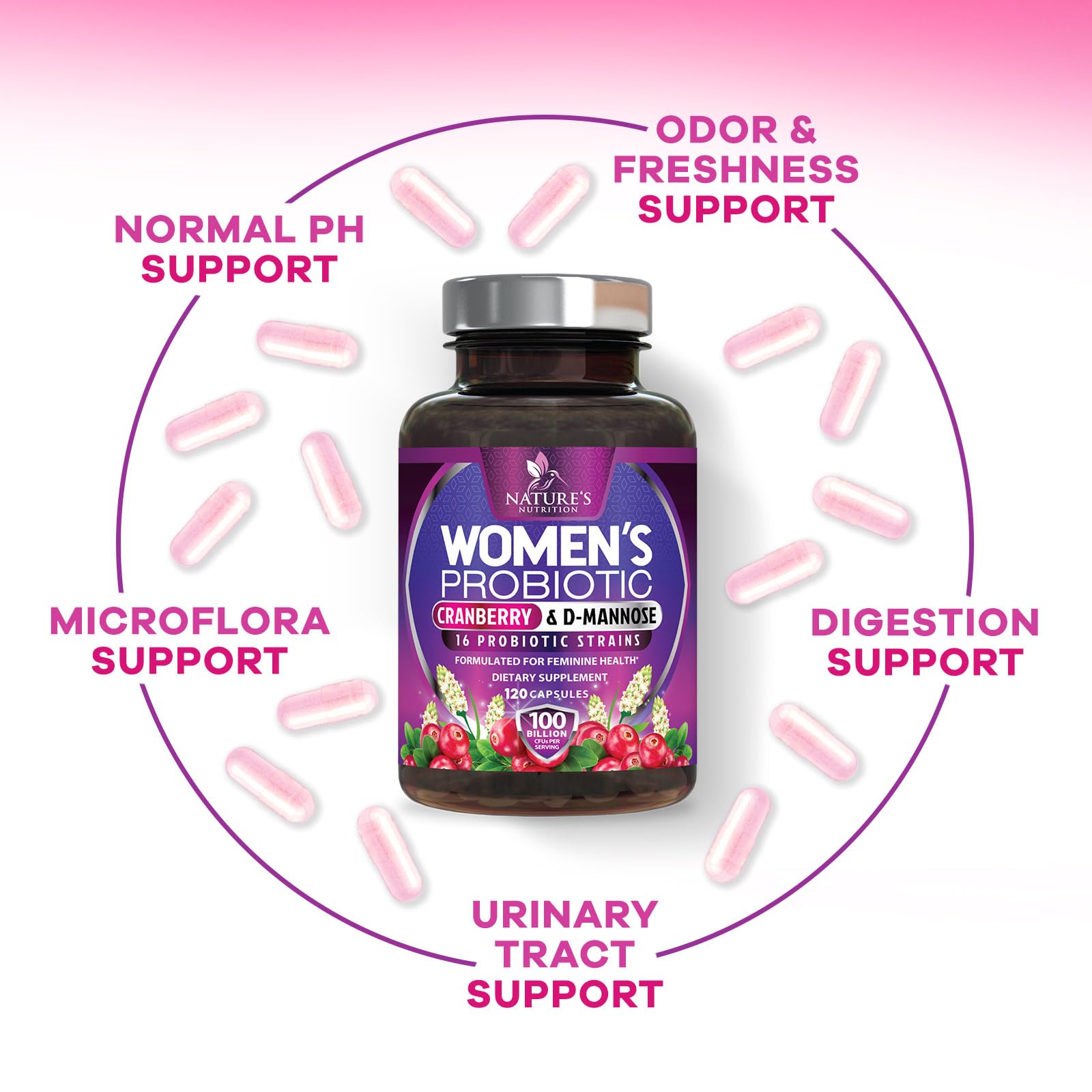 Nature's Nutrition Probiotics for Women 100 Billion CFU on a wooden table
