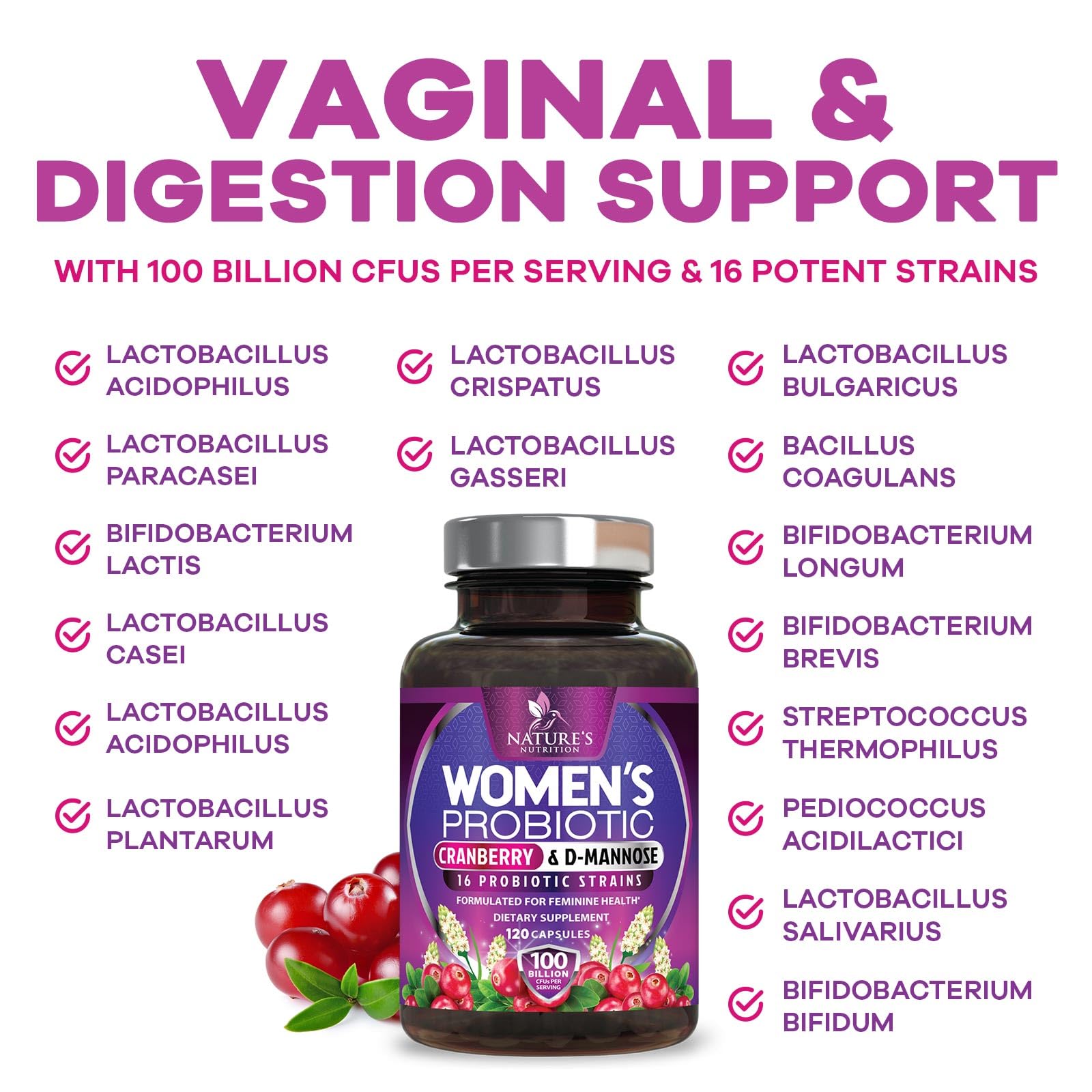 Nature's Nutrition Probiotics for Women 100 Billion CFU with a measuring spoon
