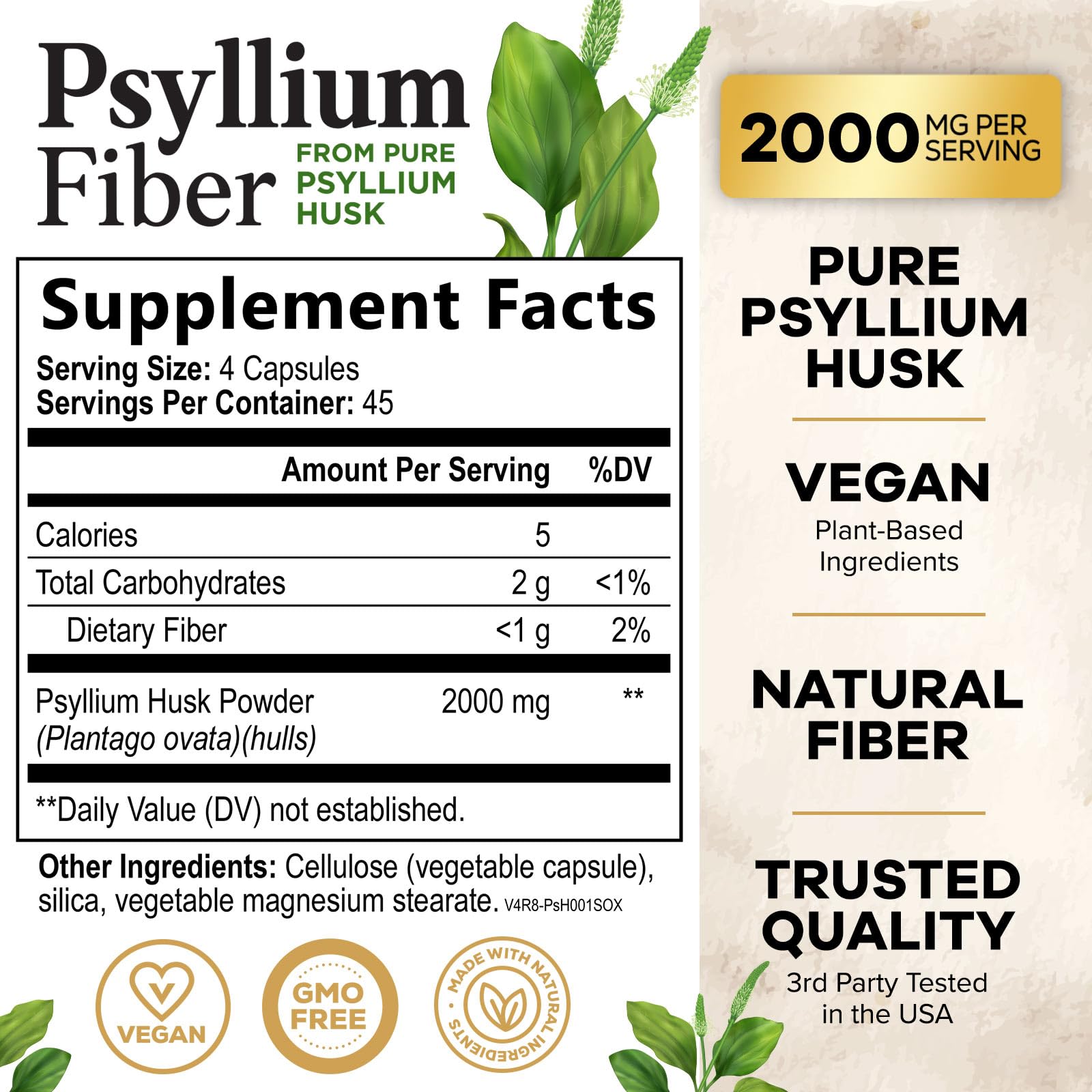 Nature's Nutrition Psyllium Husk Powder 2000mg Capsules side view