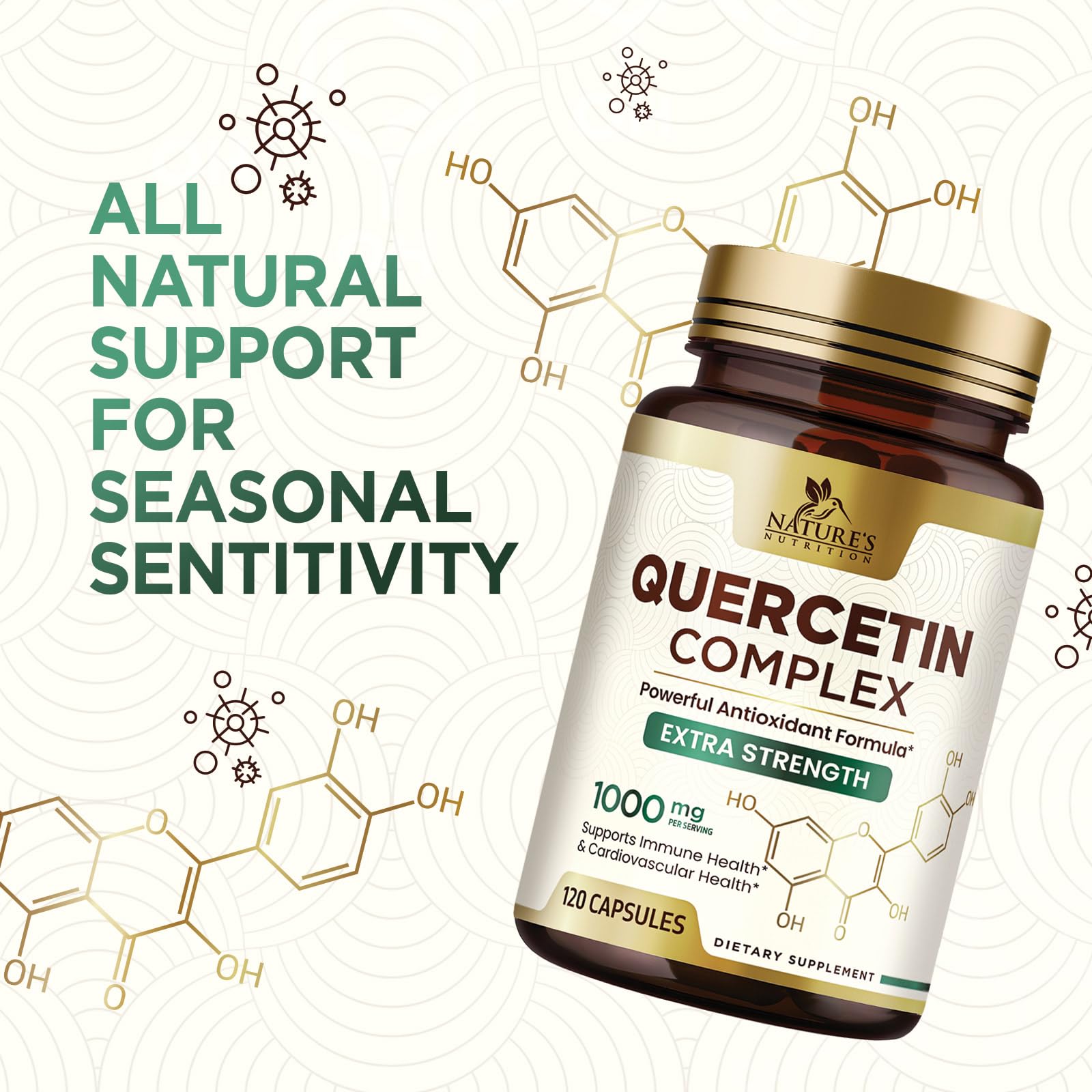 Nature's Nutrition Quercetin Dihydrate 1000mg capsules on a wooden table