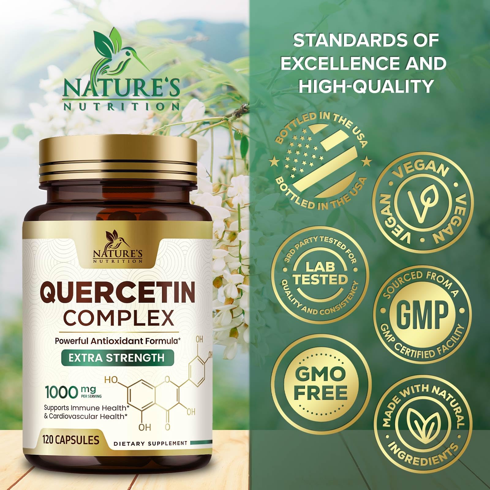Nature's Nutrition Quercetin Dihydrate 1000mg capsules with dosage information