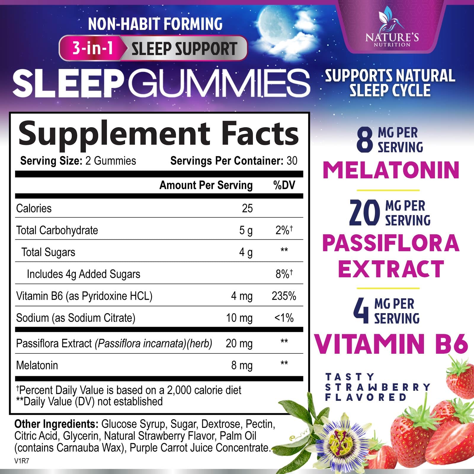 Nature's Nutrition Sleep Gummies packaging with strawberry flavour