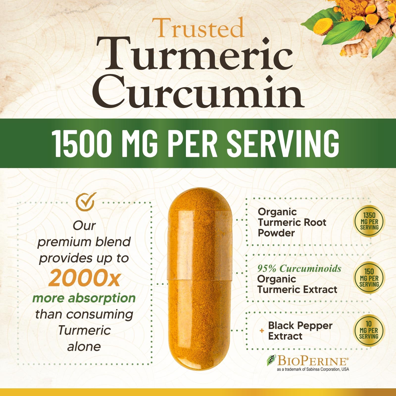 Nature's Nutrition Turmeric Curcumin Complex 1500mg capsules on a wooden table
