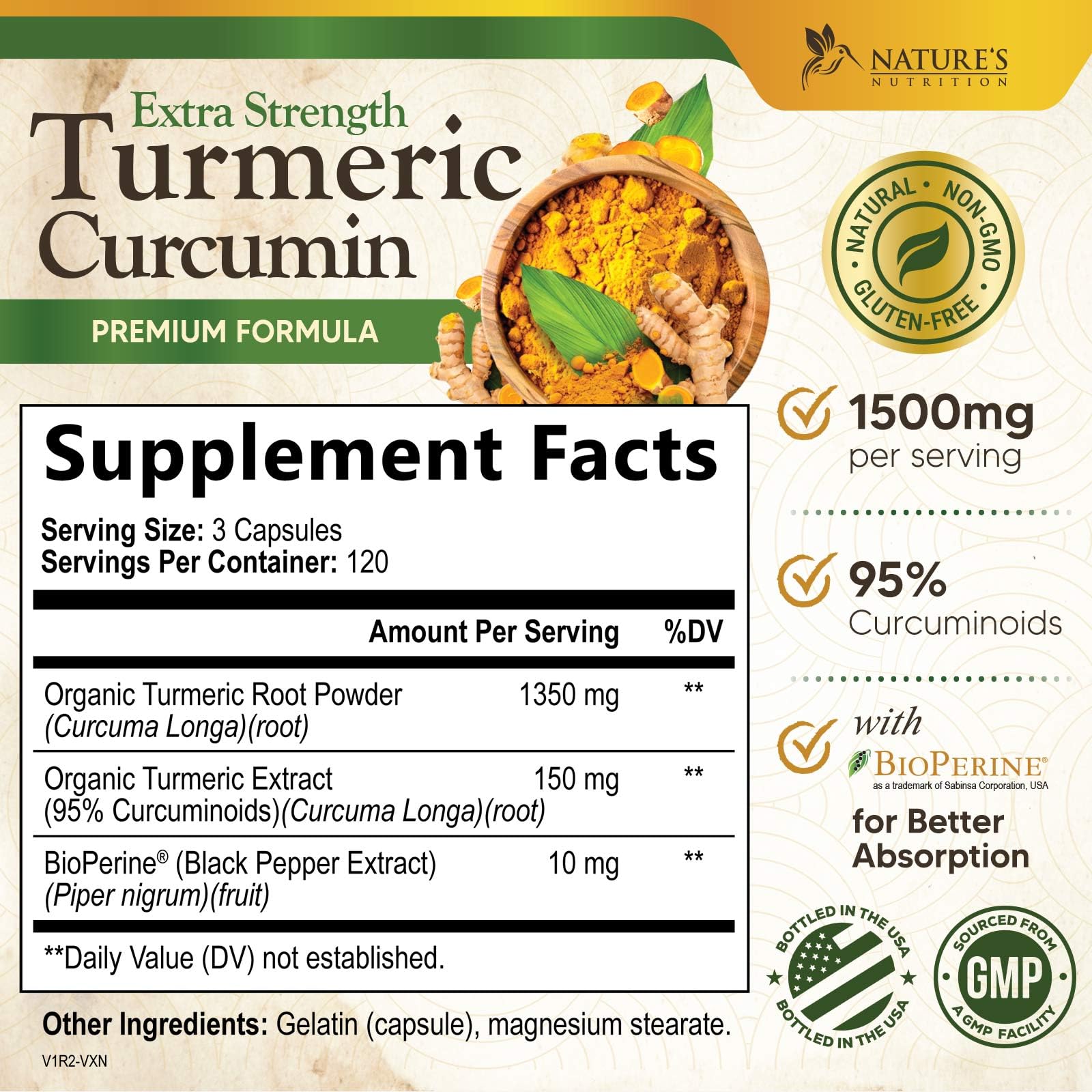 Nature's Nutrition Turmeric Curcumin Complex 1500mg capsules side view