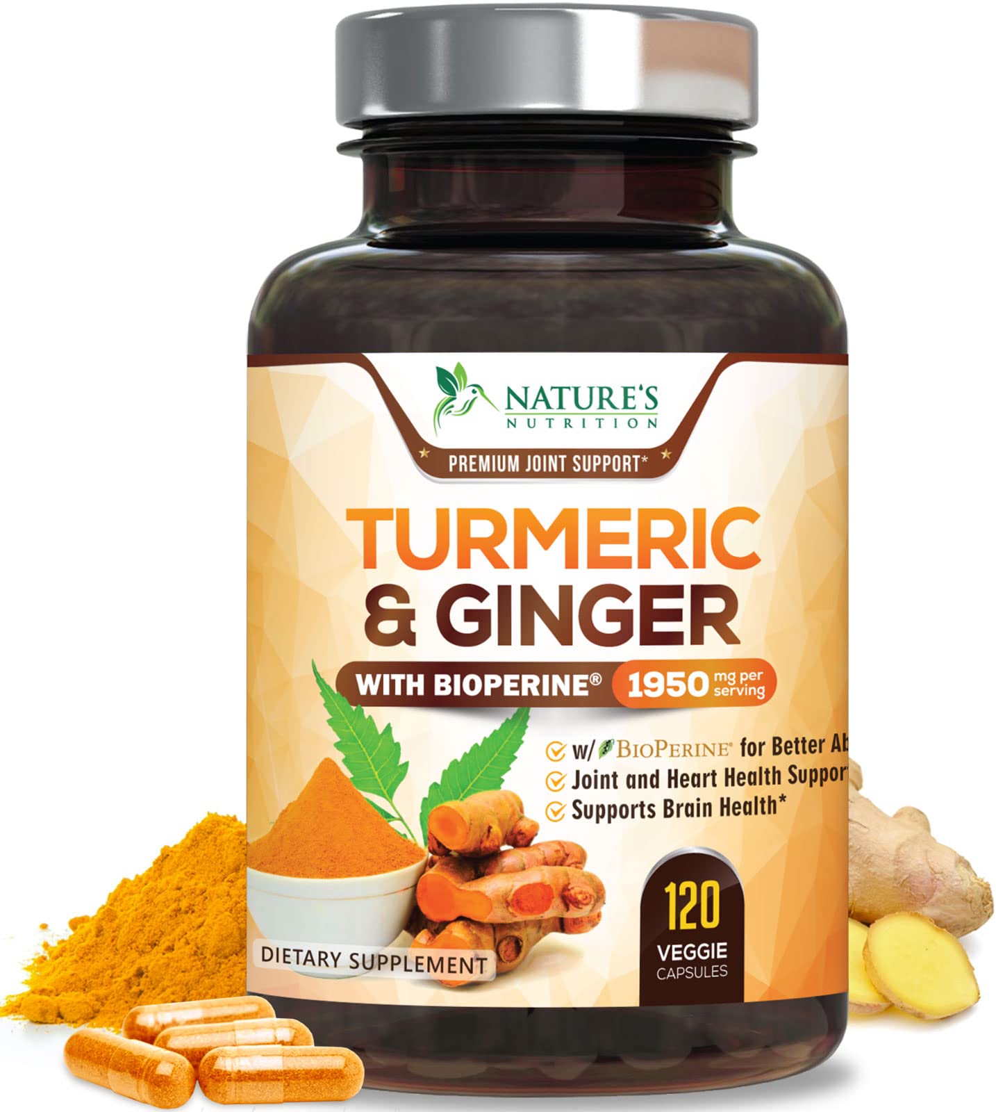 Nature's Nutrition Turmeric Curcumin & Ginger Supplement bottle front view
