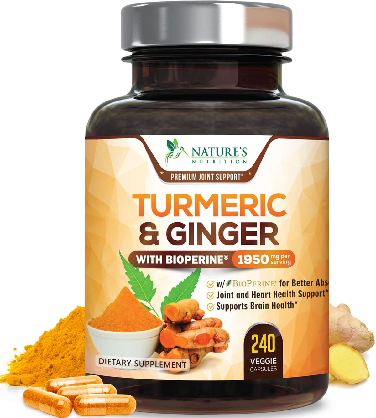 Nature's Nutrition Turmeric Curcumin & Ginger Supplement bottle front view
