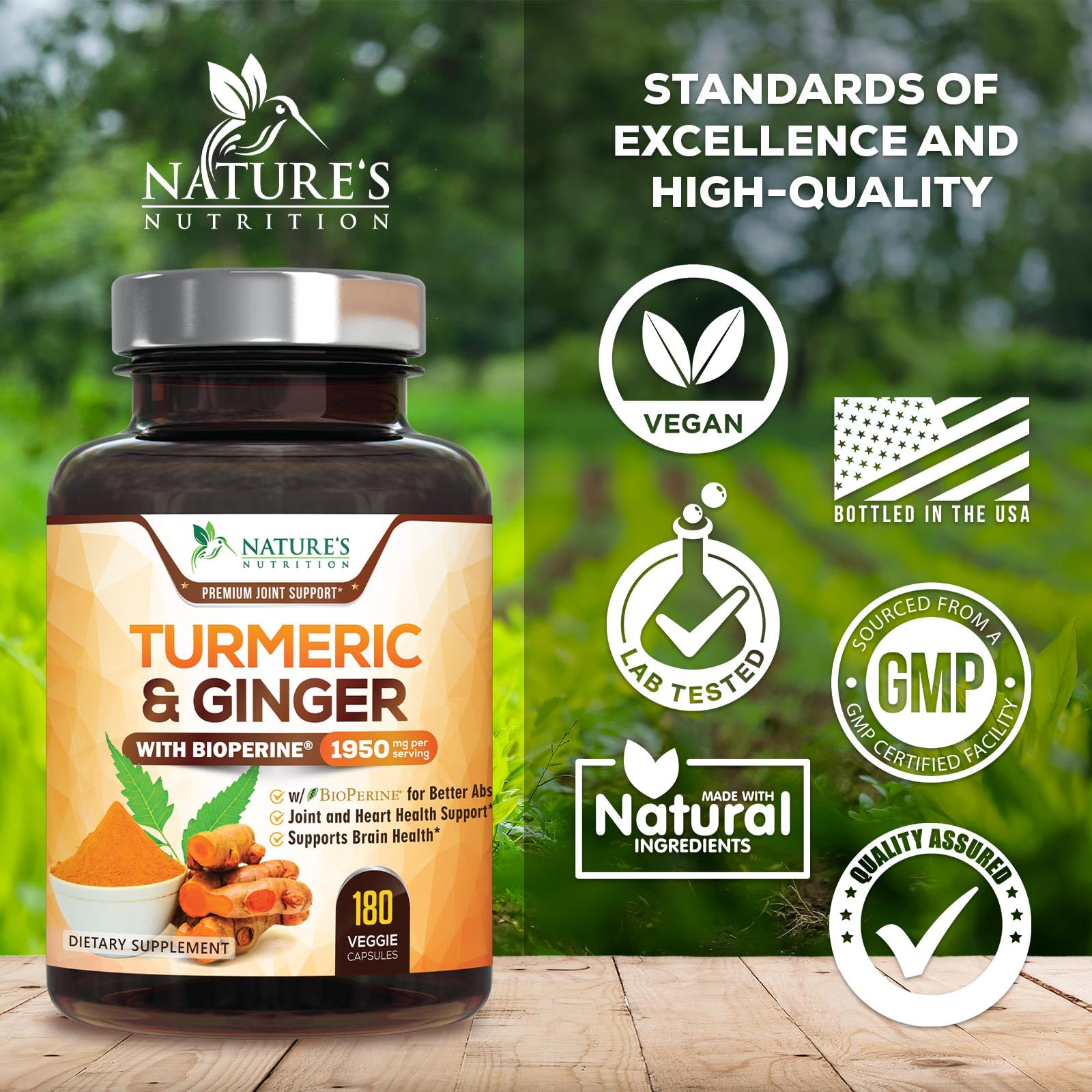 Nature's Nutrition Turmeric Curcumin & Ginger Supplement capsules on a table