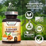 Nature's Nutrition Turmeric Curcumin & Ginger Supplement capsules on a table