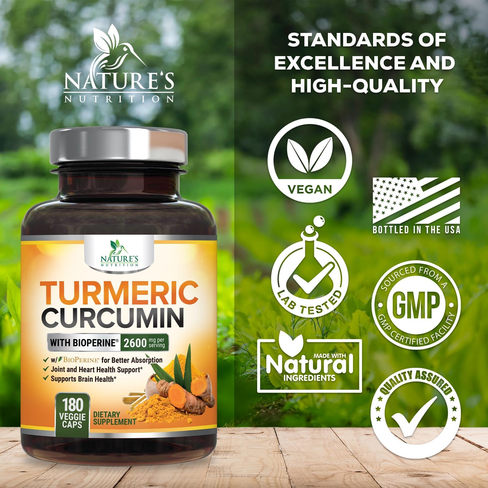 Nature's Nutrition Turmeric Curcumin Supplement 2400mg capsules close-up