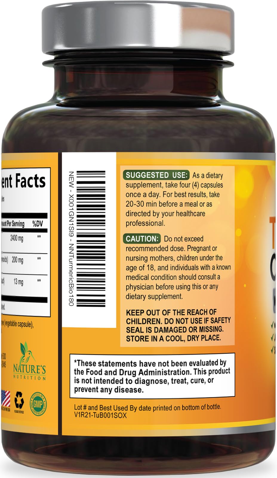 Nature's Nutrition Turmeric Curcumin Supplement 2400mg in a hand