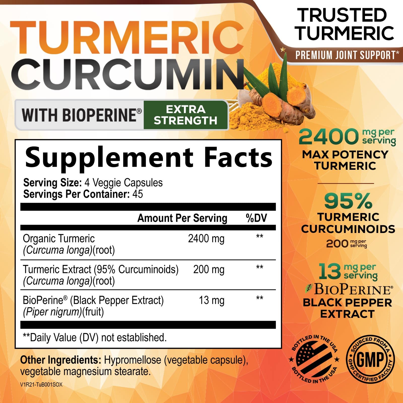 Nature's Nutrition Turmeric Curcumin Supplement 2400mg side view