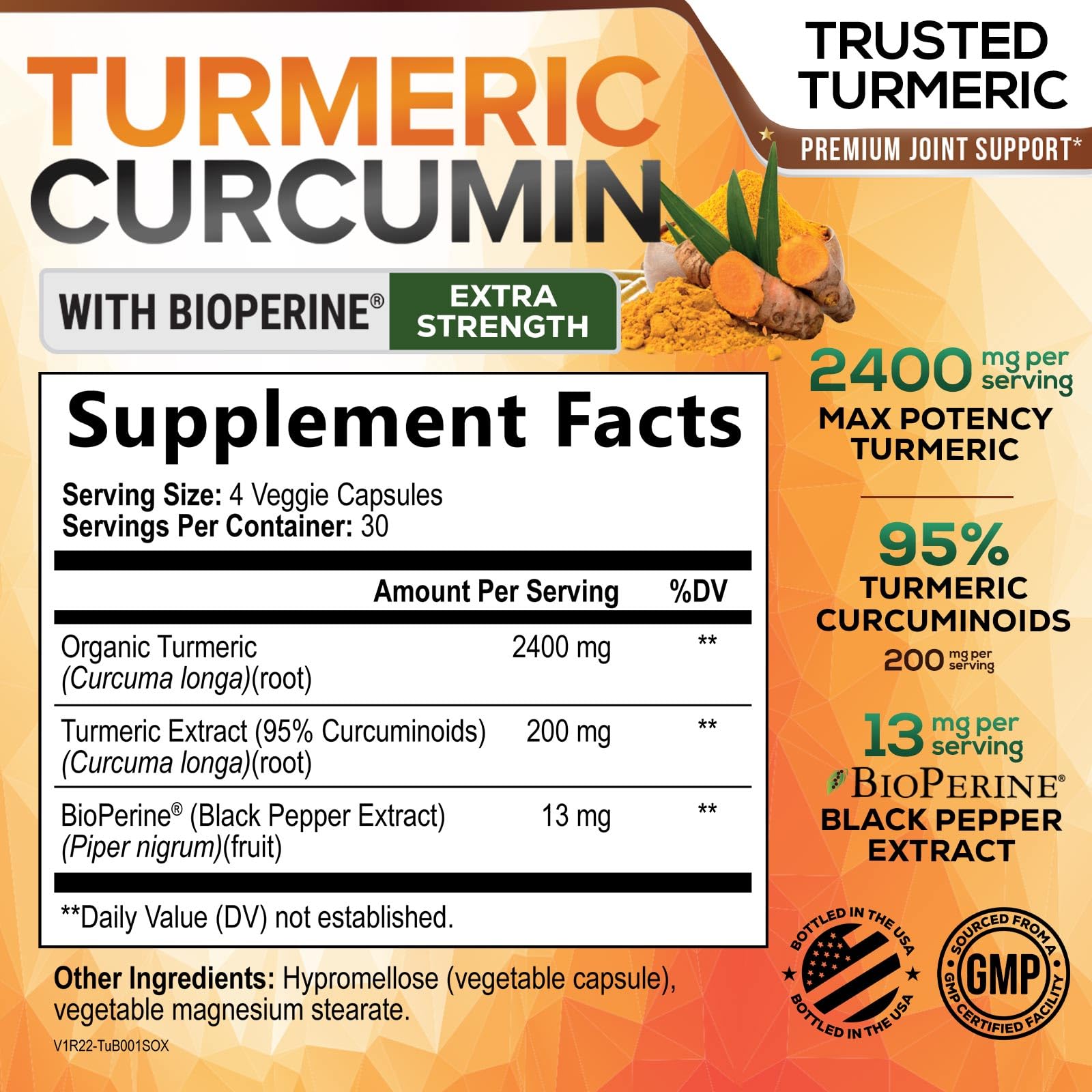 Nature's Nutrition Turmeric Curcumin Supplement 2400mg side view