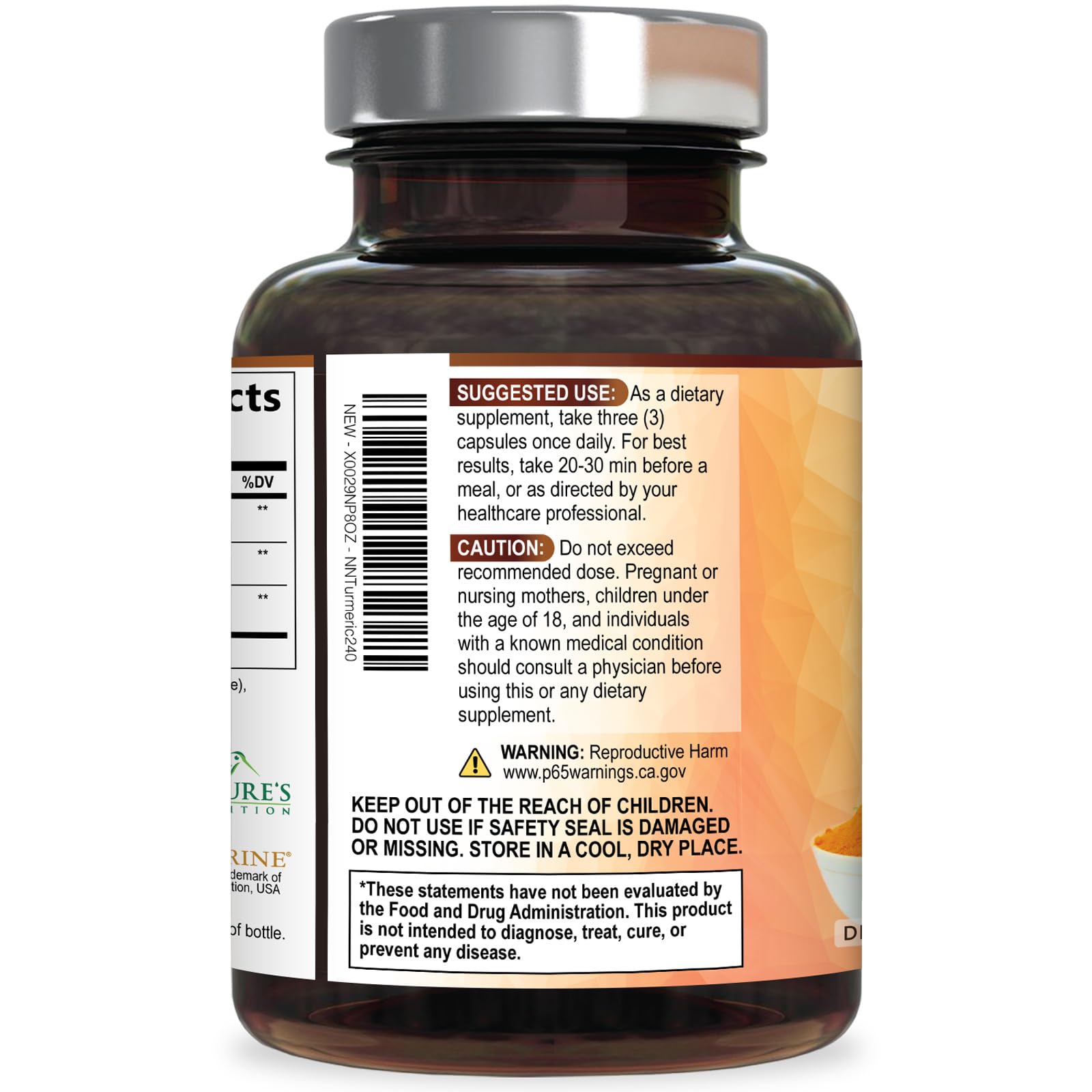 Nature's Nutrition Turmeric Curcumin Supplement back view with dosage information