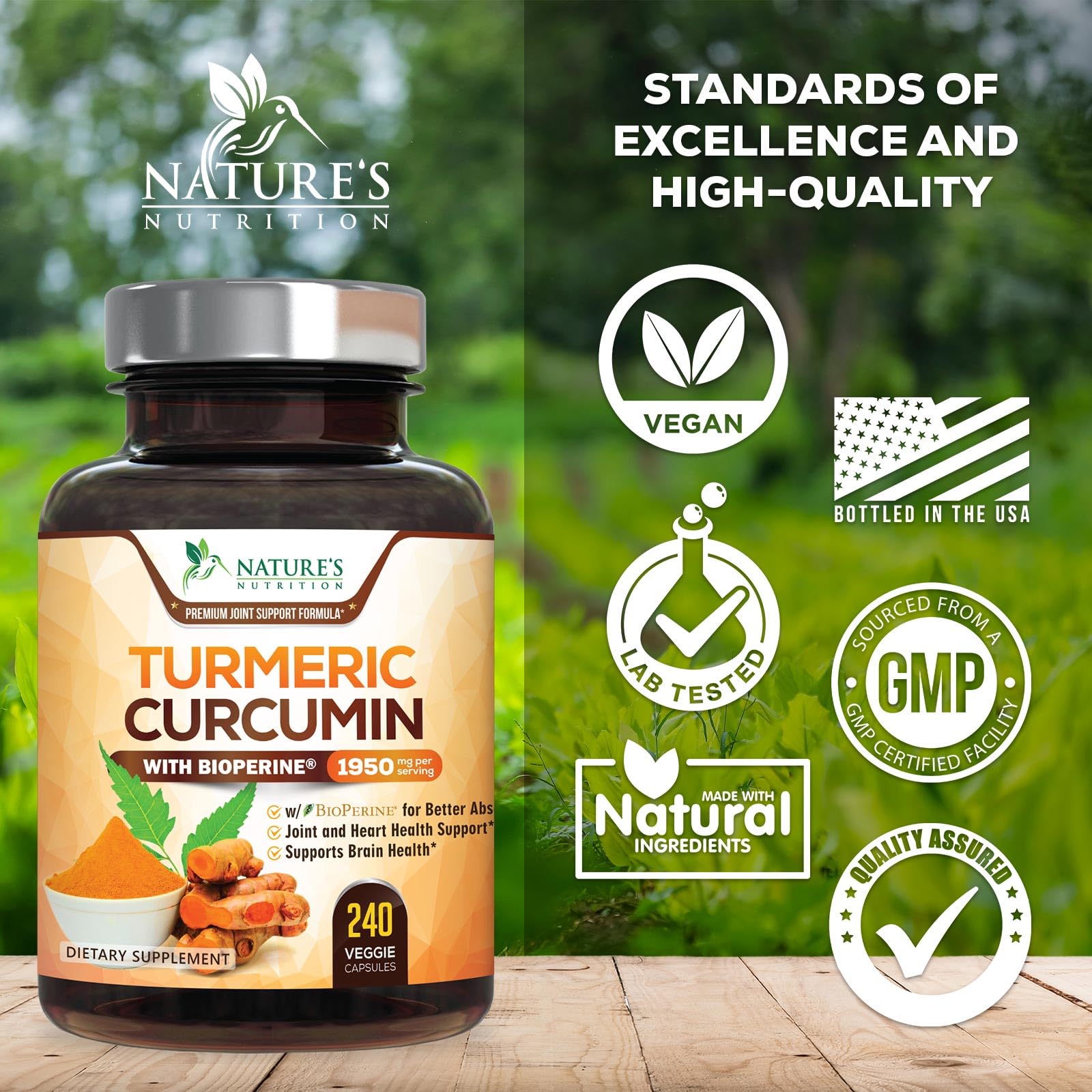 Nature's Nutrition Turmeric Curcumin Supplement capsules on a wooden surface