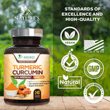 Nature's Nutrition Turmeric Curcumin Supplement capsules on a wooden surface
