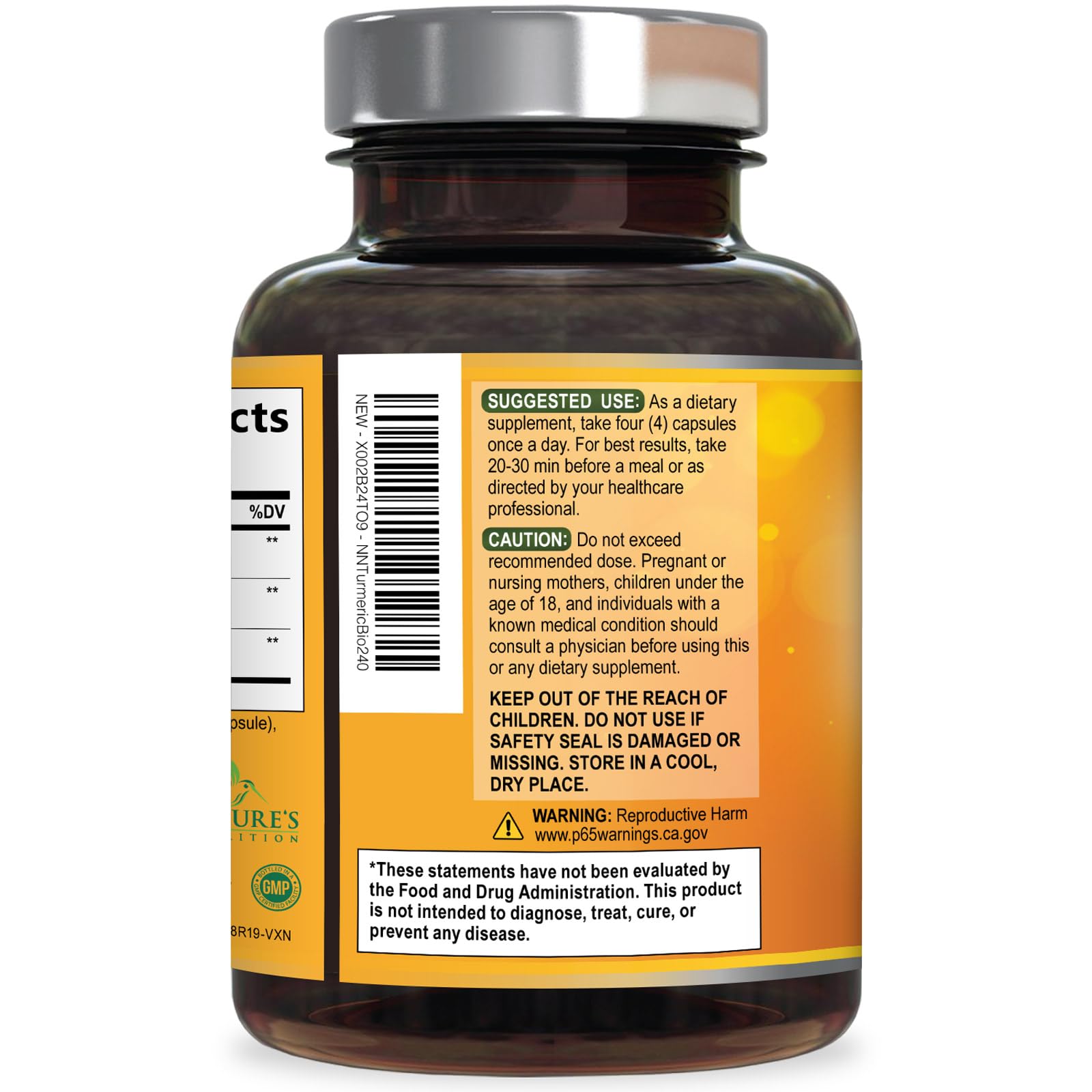Nature's Nutrition Turmeric Curcumin Supplement capsules on a wooden surface