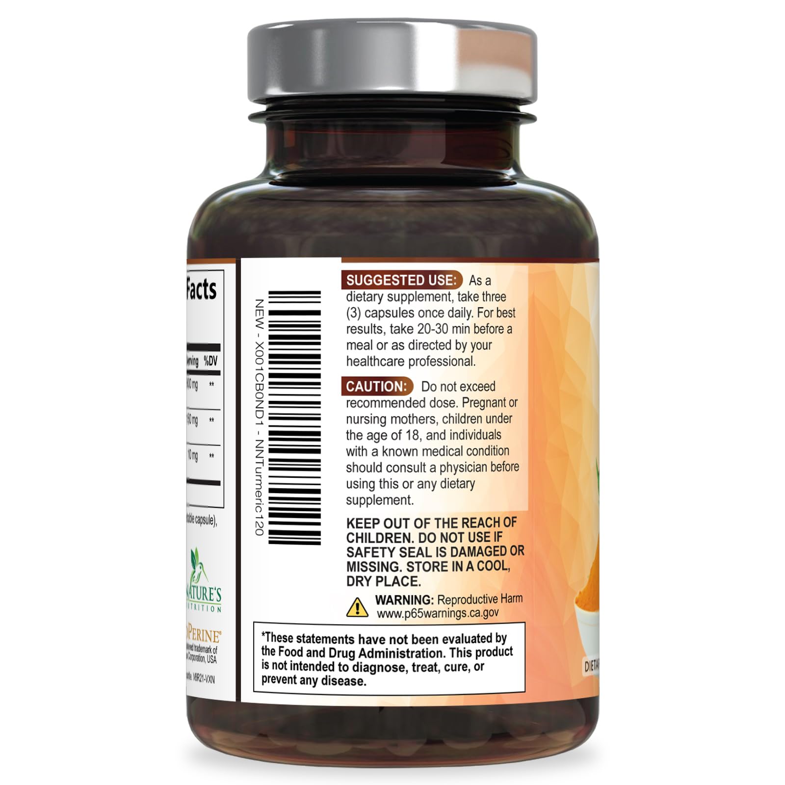 Nature's Nutrition Turmeric Curcumin Supplement on a wooden surface