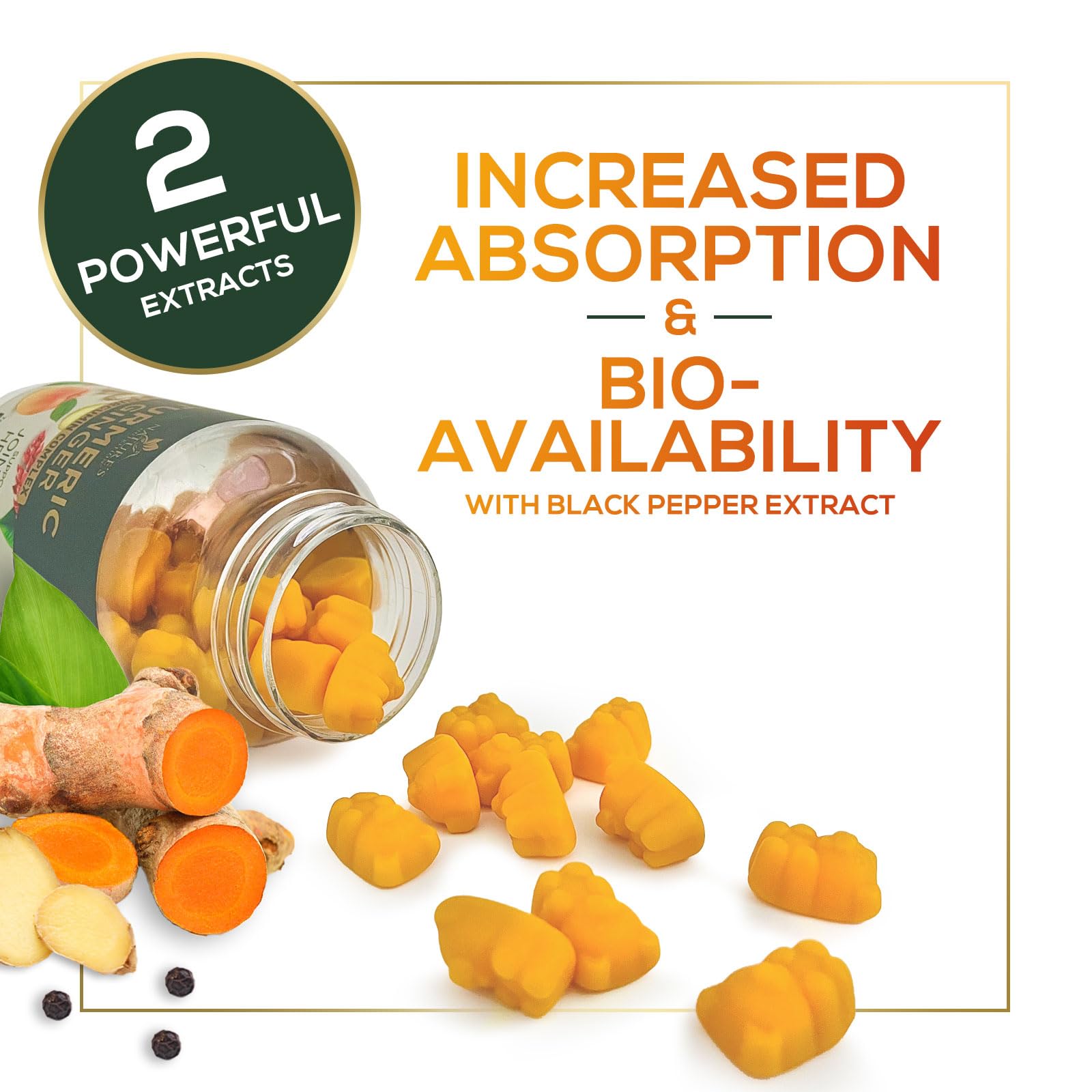 Nature's Nutrition Turmeric Gummies displayed with fresh turmeric root