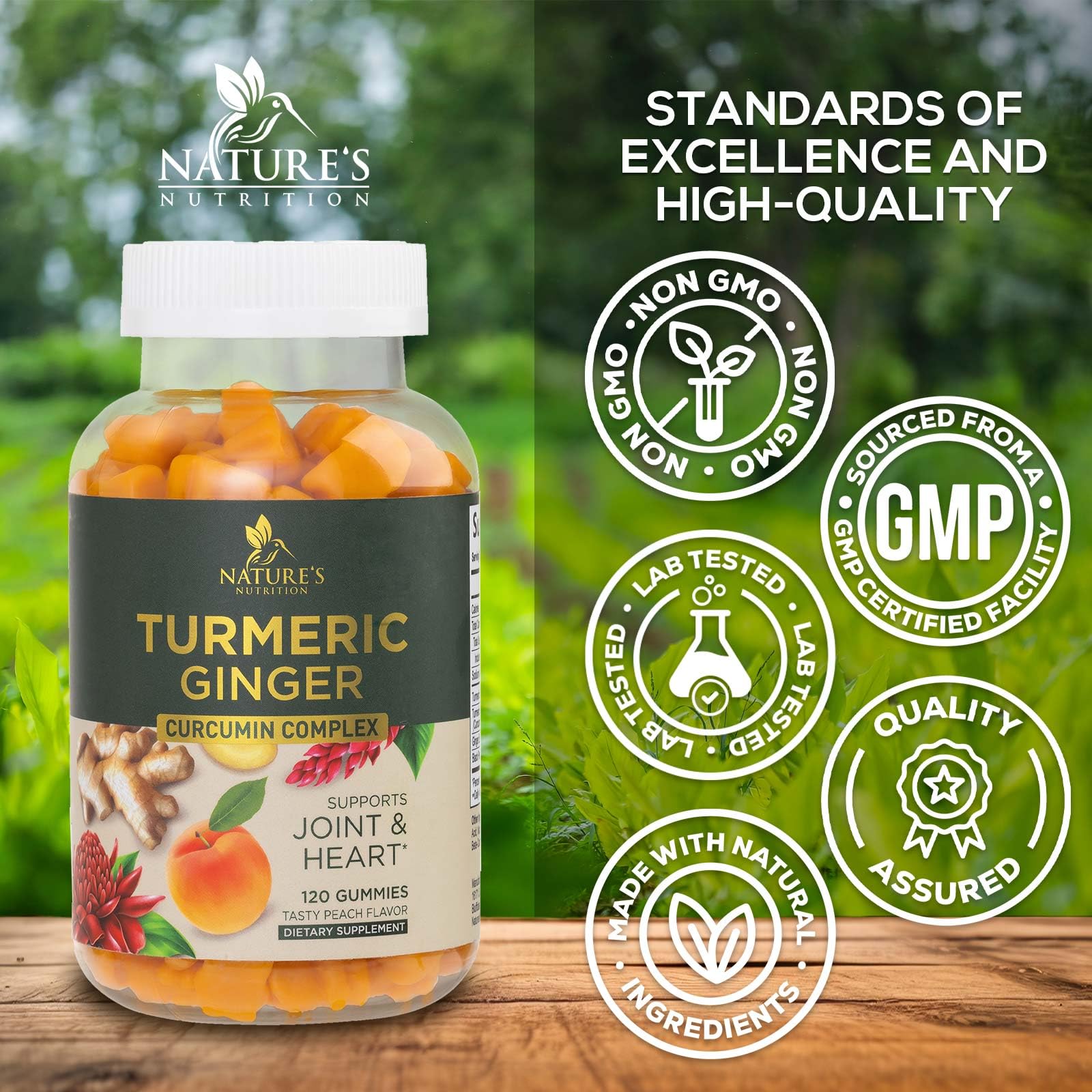 Nature's Nutrition Turmeric Gummies with black pepper on a wooden table