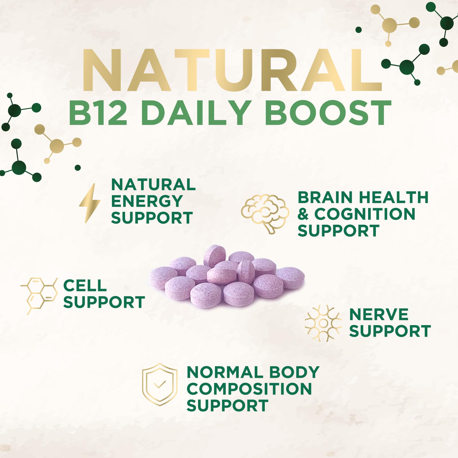 Nature's Nutrition Vitamin B12 Chewable Tablets on a wooden table
