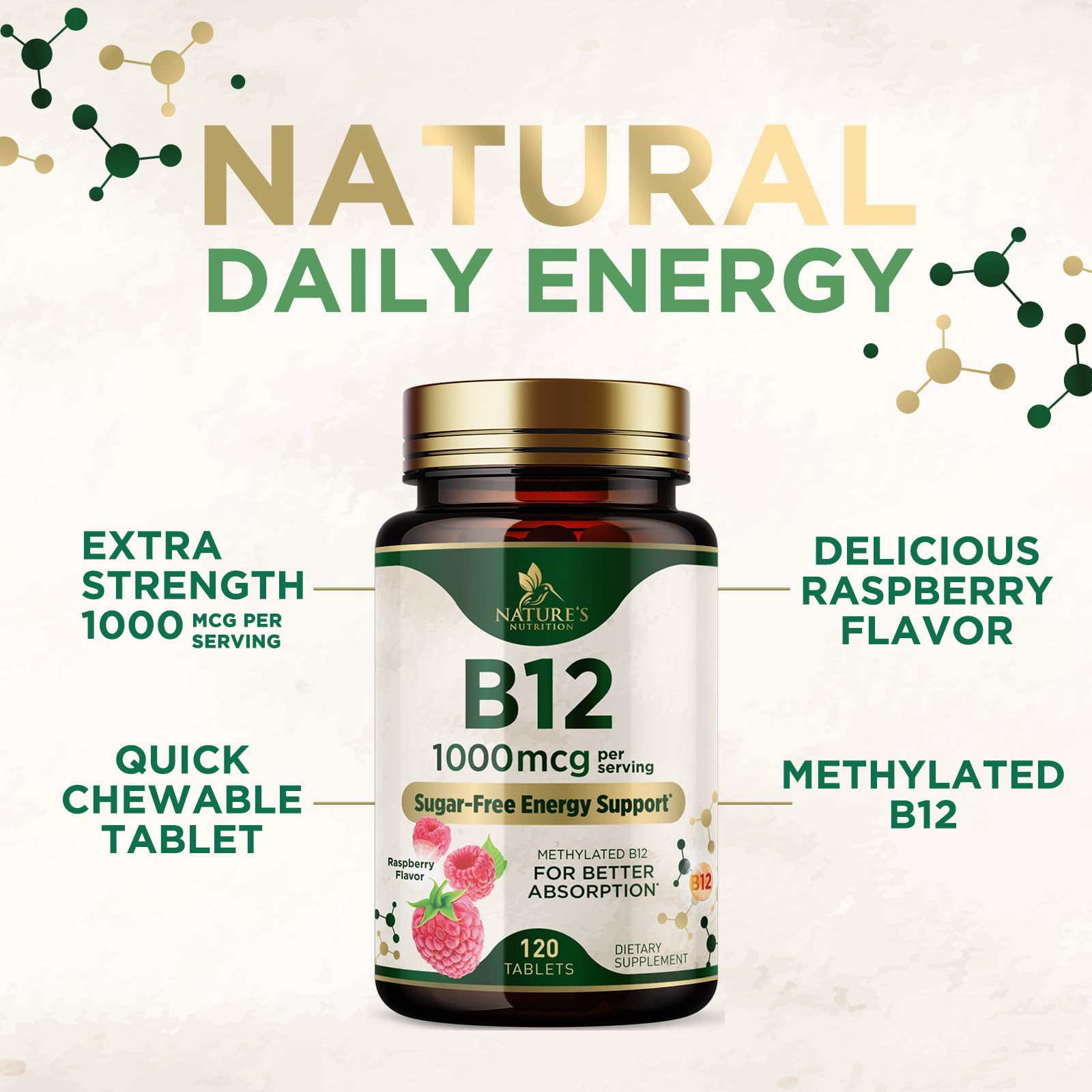 Nature's Nutrition Vitamin B12 Chewable Tablets with fresh raspberries